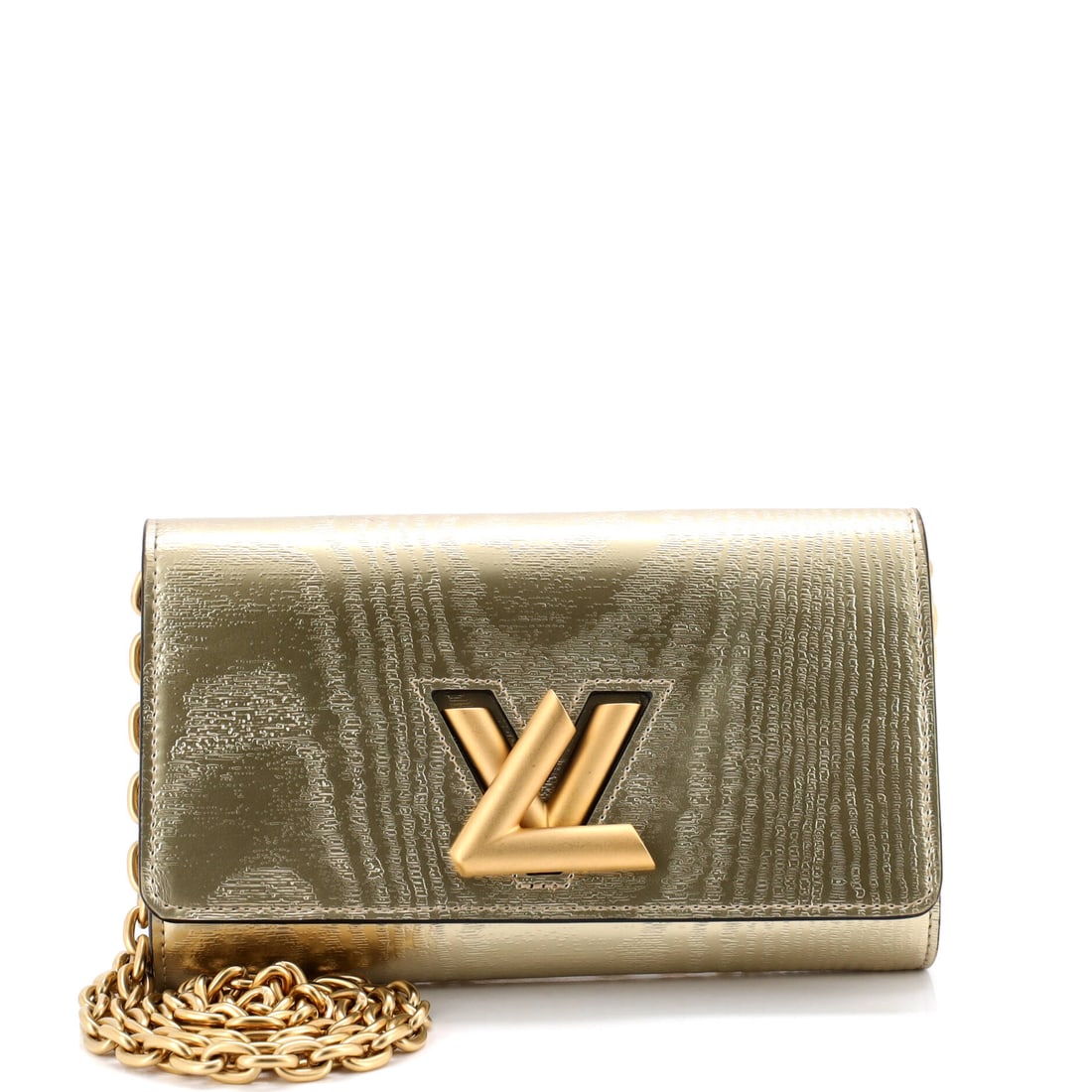 Louis Vuitton Twist Chain Wallet Gravity Gold Calfskin (7.5"W x 4.5"H x 1"D): The Louis Vuitton Twist Chain Wallet in Gravity Gold Calfskin is the model a wardrobe acquires after the obvious classics are already in place. Gravity Gold Calfskin is among the more deliberate reads