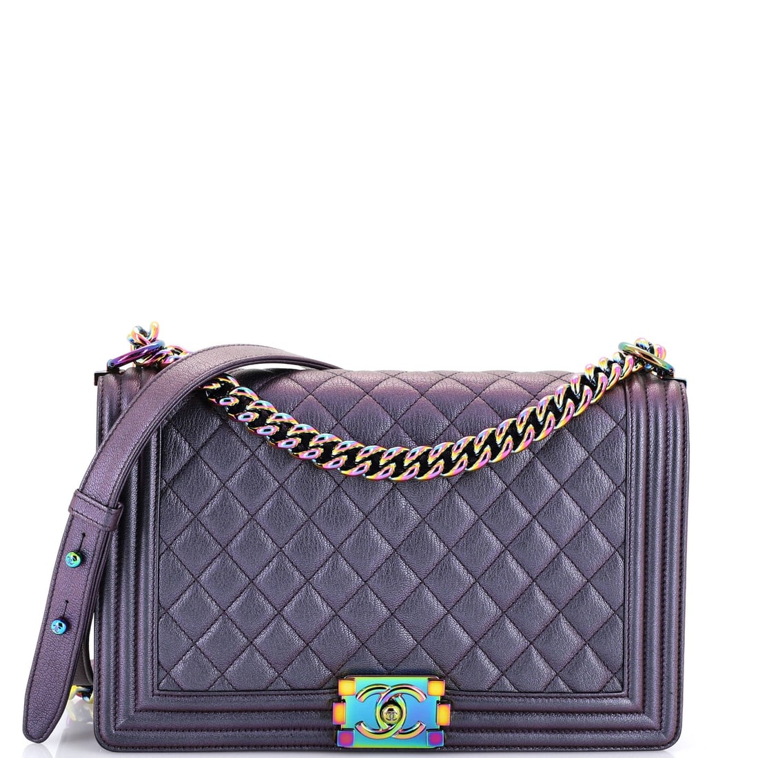 Chanel Boy Flap Bag Quilted Iridescent Goatskin (New Medium): The Chanel Boy Flap Bag in Quilted Iridescent Goatskin brings the model into its most quietly worn register, at a 11 by 7 by 3 inch profile. The quilted iridescent goatskin treatment keeps the bag's s