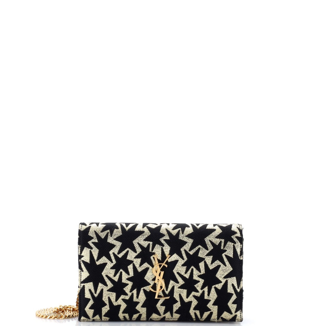 Saint Laurent Classic Monogram Wallet on Chain Woven Fabric (9"W x 5.5"H x 1.5"D): The Saint Laurent Classic Monogram Wallet on Chain in Woven Fabric carries the model's house-signature hardware into a woven fabric reading. Woven Fabric is among the more deliberate reads in the Sain