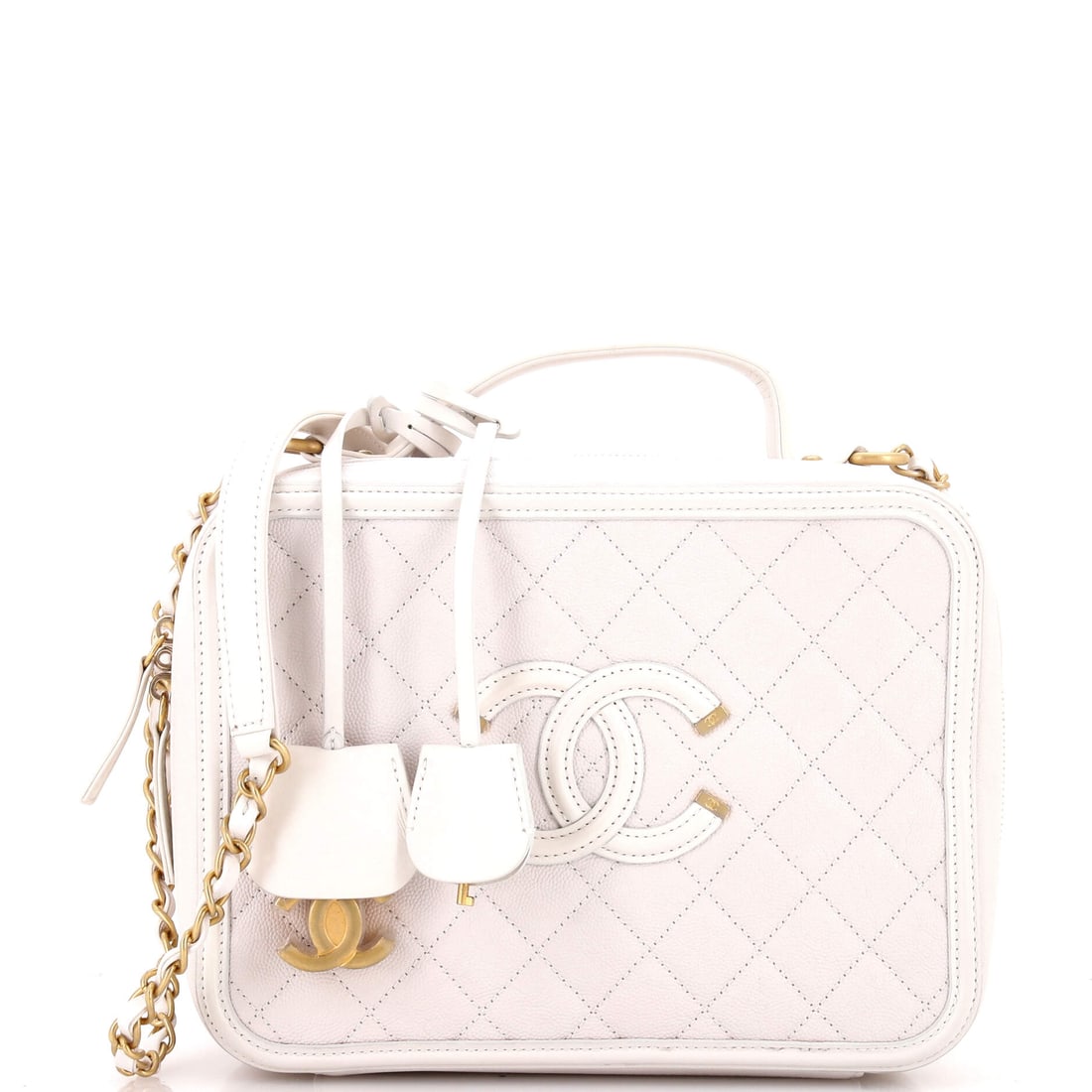 Chanel Filigree Vanity Case Quilted Caviar (Large): The Chanel Filigree Vanity Case in Quilted Caviar occupies the part of the Chanel catalogue that wardrobes return to season after season. Caviar is Chanel's pebbled, harder-wearing calfskin, named for