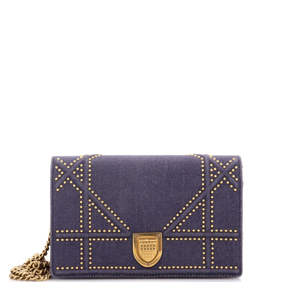 Christian Dior Diorama Wallet on Chain Cannage Studded Denim (7.5"W x 5"H x 1.5"D): The Christian Dior Diorama Wallet on Chain in Cannage Studded Denim carries the model's house-signature hardware into a cannage studded denim reading. Cannage is Dior's signature diamond quilting, nam