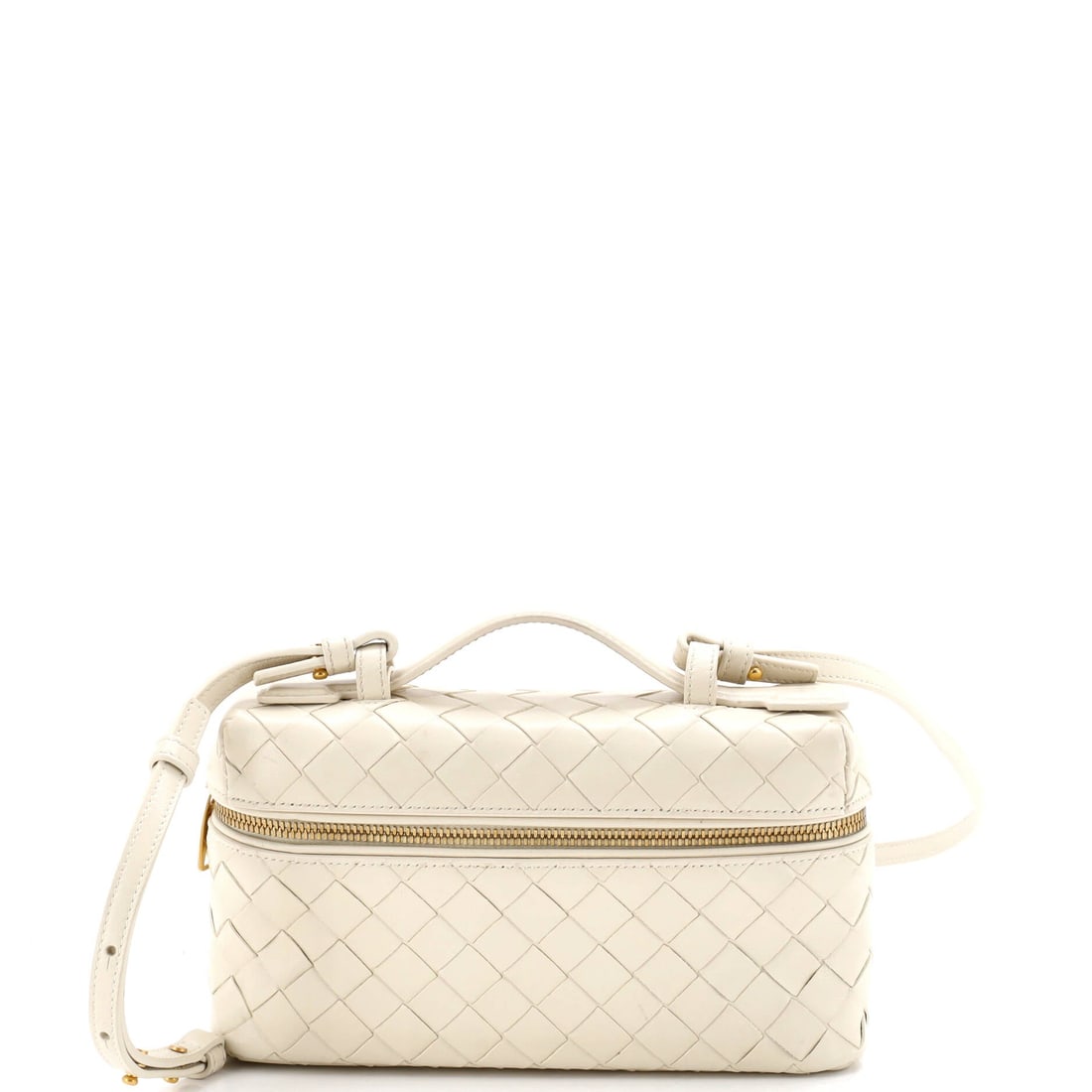 Bottega Veneta Bang Bang Vanity Case Intrecciato Leather (8.5"W x 5"H x 3.75"D): The Bottega Veneta Bang Bang Vanity Case in Intrecciato Leather translates the model's architecture into a more saturated wardrobe register. The intrecciato leather treatment keeps the bag's surface r