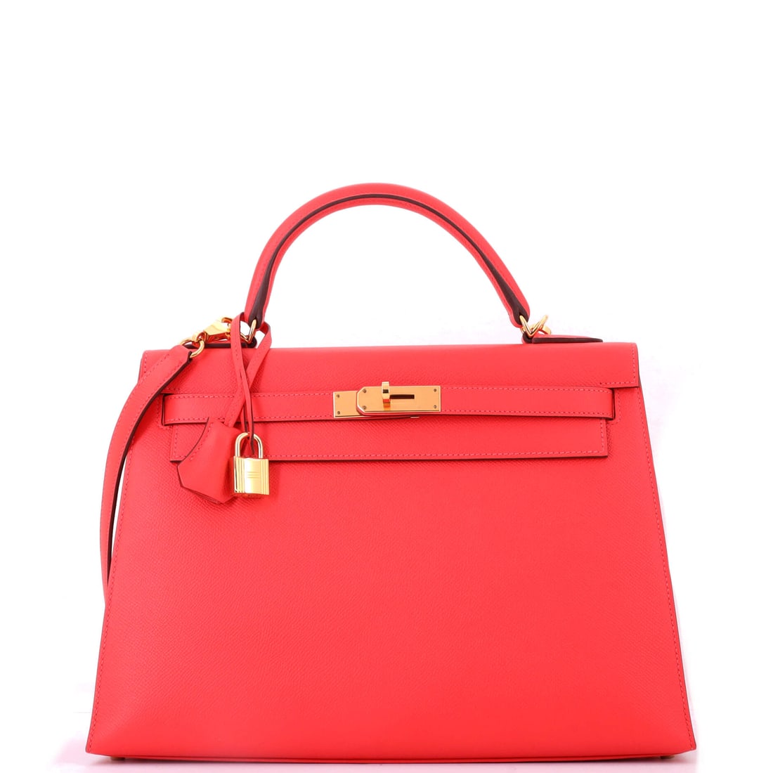 Hermes Kelly Handbag Red Epsom with Gold Hardware (32): The Hermes Kelly Handbag in Red Epsom with Gold Hardware reads with the calm authority the model has earned through repetition, at a 12.5 by 9 by 4.5 inch profile. Epsom is the finely embossed, struct