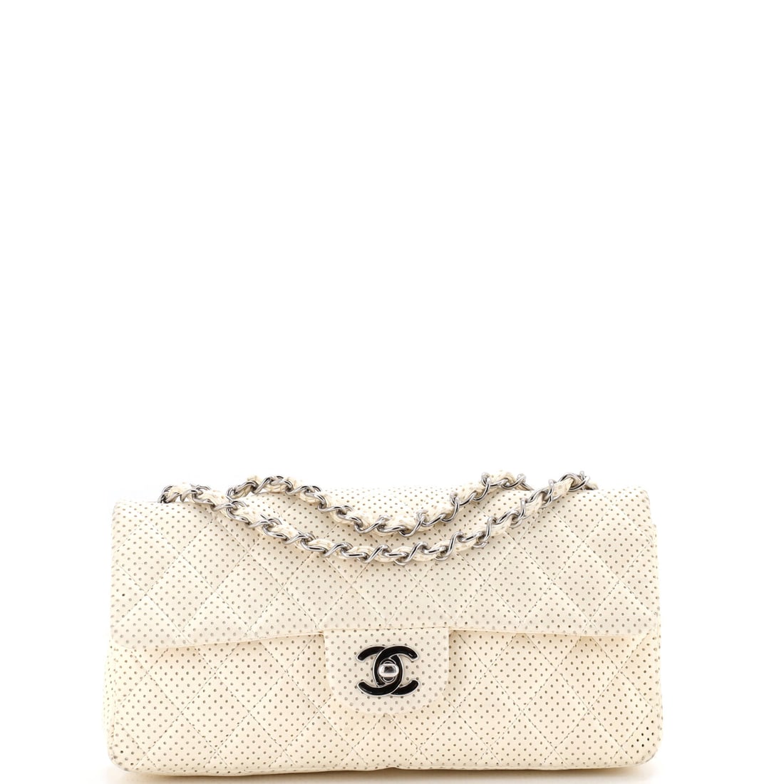 Chanel Classic Single Flap Bag Quilted Perforated Leather (East West): The Chanel Classic Single Flap Bag in Quilted Perforated Leather carries its proportion with the kind of quiet confidence the model has built its reputation on, in size East West. The quilted perforat