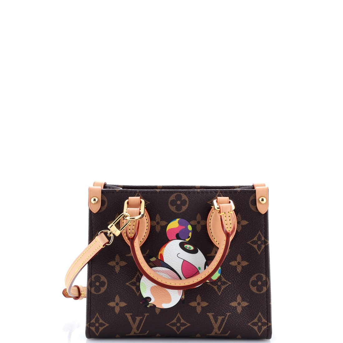 Louis Vuitton x Takashi Murakami OnTheGo Tote Limited Edition Monogram Panda: What anchors this Louis Vuitton OnTheGo is precisely what anchors the line: the open-tote architecture with twin handles top and shoulder, sized to carry a laptop and a paperback in the same compartme