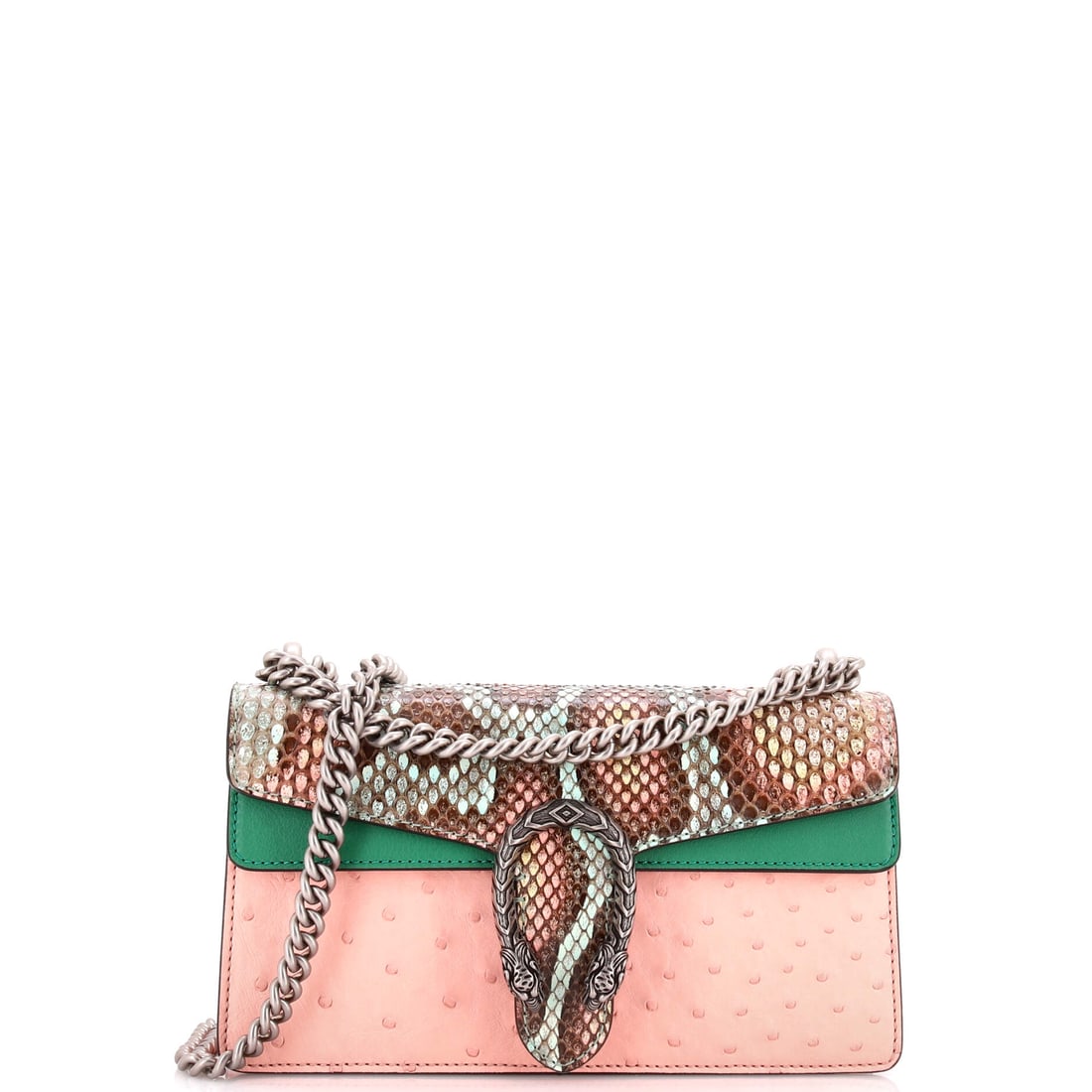Gucci Dionysus Bag Python with Ostrich and Leather: Look closely at the Dionysus and the architecture explains itself - the flap silhouette closed by the tiger-head clasp Alessandro Michele drew from the myth of Dionysus. Built from python (a