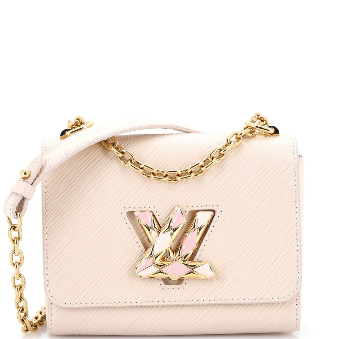 Louis Vuitton Twist Handbag Epi Leather with Enamel: Open the Twist once and the line announces itself: the twisting LV clasp Nicolas Ghesquiere drew for his first Vuitton collection in 2015. It is rendered in Epi - Vuitton's textured, dyed-through
