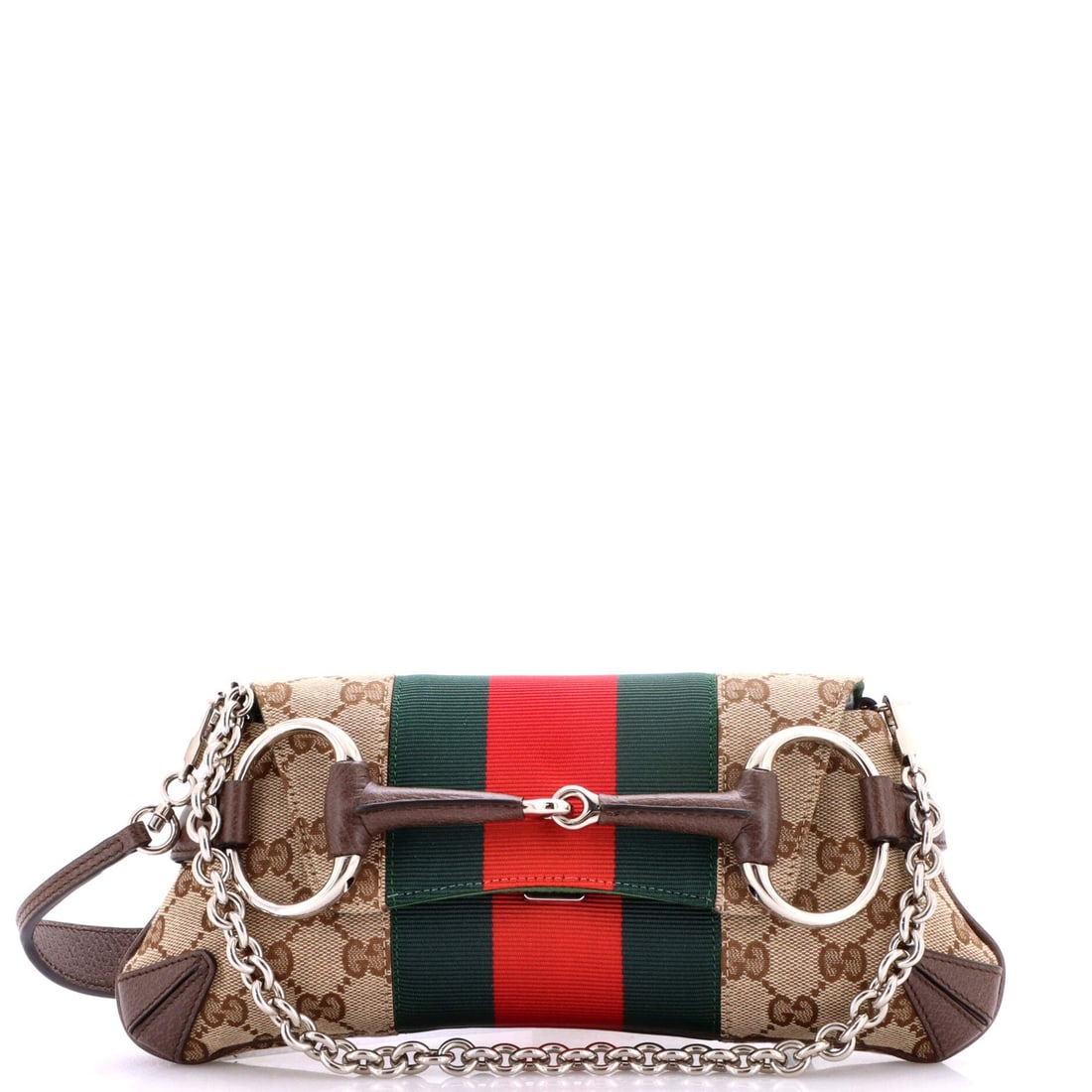 Gucci Horsebit NM Web Chain Clutch GG Canvas: Pieces like this Gucci Horsebit are why the line is considered a baseline: the form that anchors the line within the Gucci archive. The finish is GG canvas - the coated cotton jacquard that has