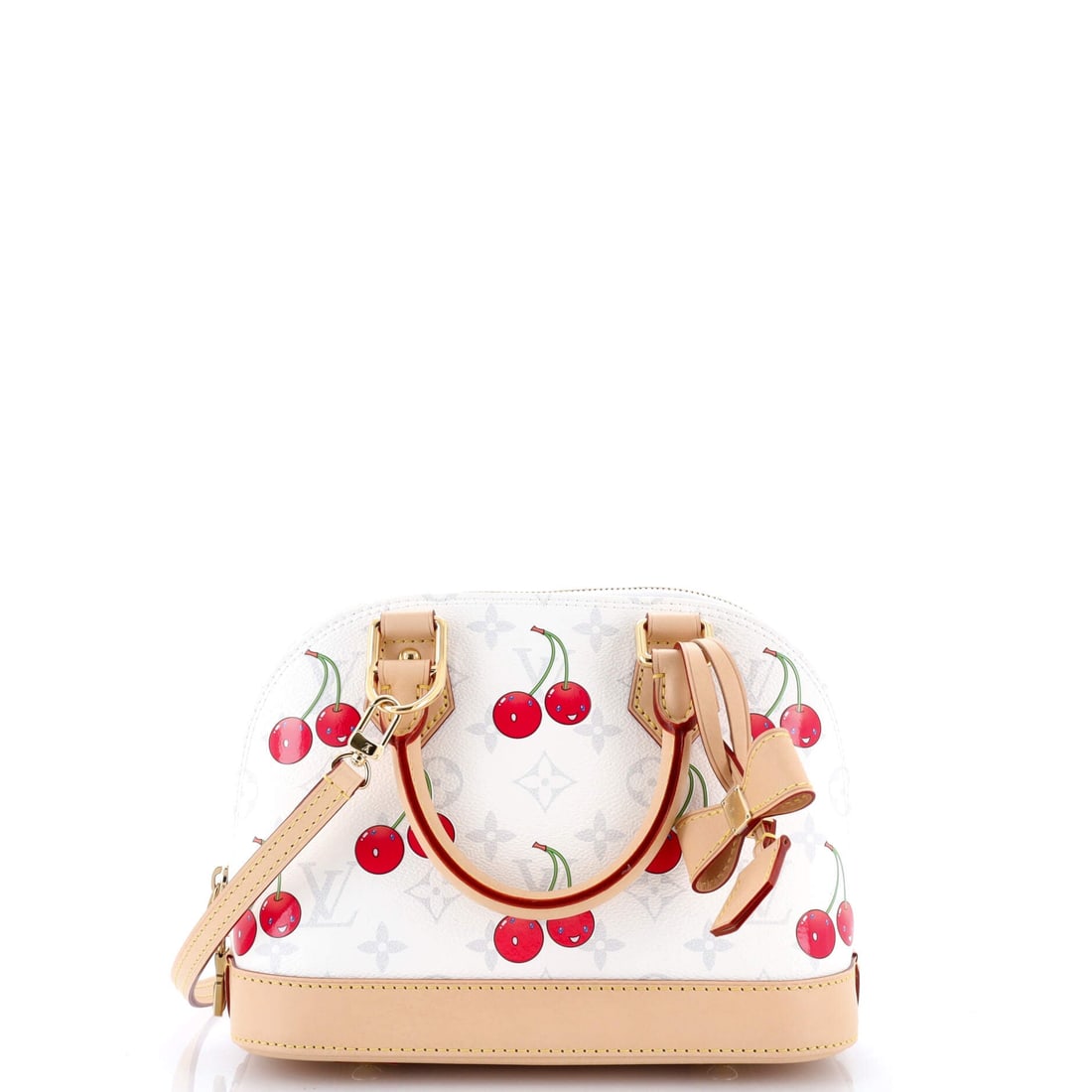 Louis Vuitton x Takashi Murakami Alma Handbag Limited Edition Monogram Cerises: Louis Vuitton's Alma arrives in the architecture that made the line known: the structured, dome-topped silhouette Gaston-Louis Vuitton drew up for Coco Chanel in 1934. The piece is finished in
