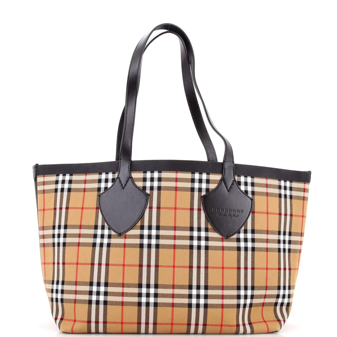 Burberry Reversible Giant Tote Vintage Check Canvas: Properly seen, this Reversible Giant Tote carries the architecture the line has always relied on: the open, reversible shopper silhouette finished in the house's Vintage Check on one face and a contra