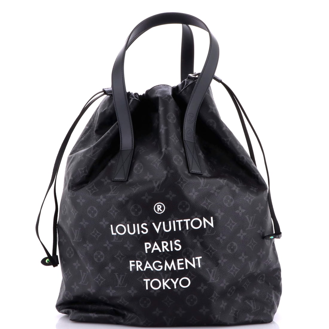 Louis Vuitton Cabas Light Drawstring Bag Flash Fragment Monogram Eclipse Canvas: Carried right, the Cabas Light reads as the house's working signature: the slim drawstring silhouette finished in the season's printed canvas. The piece is finished in Monogram Eclipse - Vuitton's bla