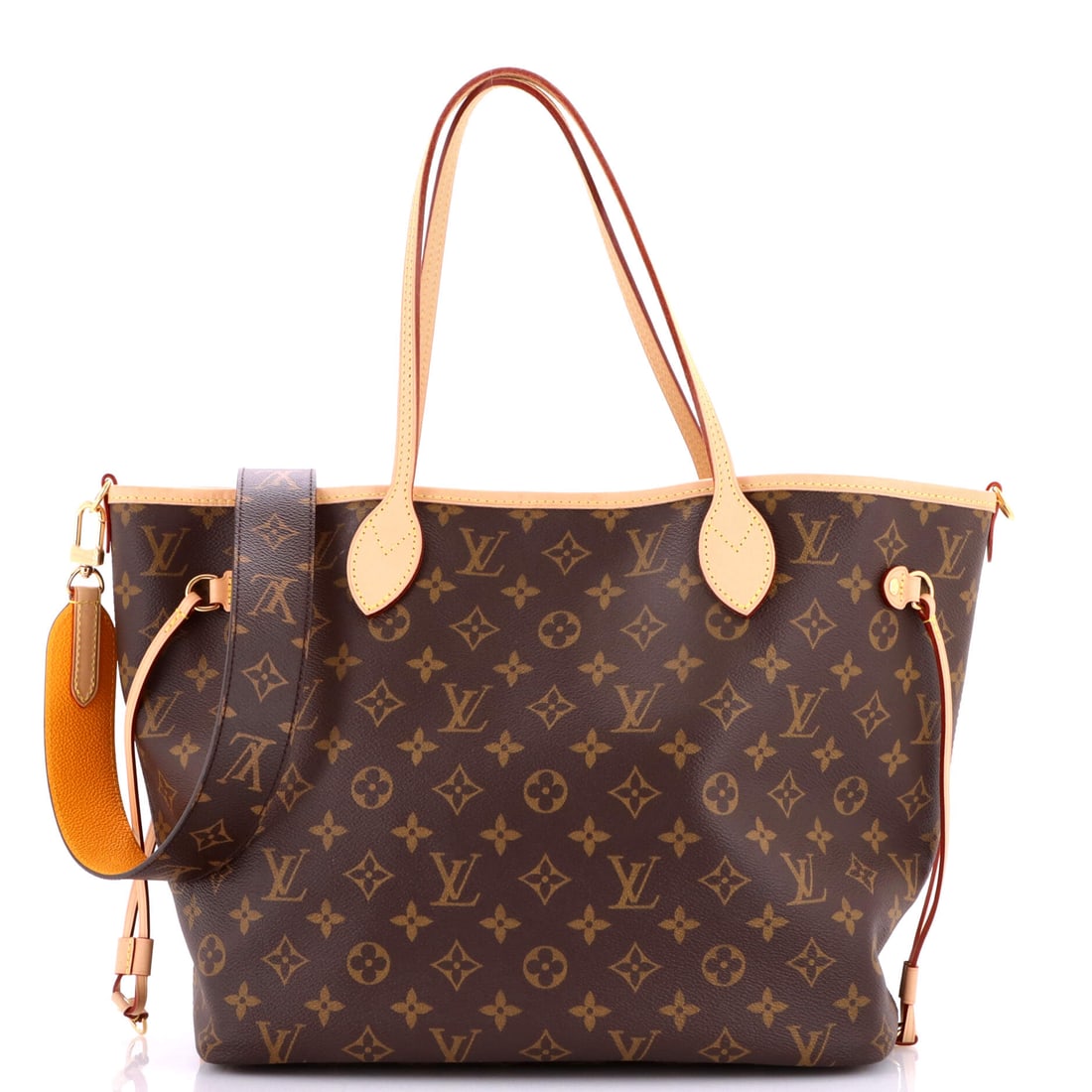 Louis Vuitton Neverfull Bandouliere Inside Out Monogram Canvas and Textile: What anchors this Louis Vuitton Neverfull is precisely what anchors the line: the flat shoulder straps, the cinched side ties and the open-tote architecture that gave the line its name. It is