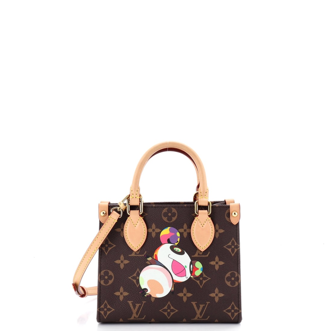 Louis Vuitton x Takashi Murakami OnTheGo Tote Limited Edition Monogram Panda: At full read, the OnTheGo is exactly what the line has always promised: the open-tote architecture with twin handles top and shoulder, sized to carry a laptop and a paperback in the same compartment. 