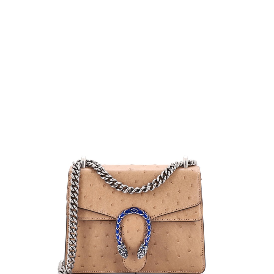 Gucci Dionysus Bag Ostrich: This is the Dionysus as the line is meant to read - the flap silhouette closed by the tiger-head clasp Alessandro Michele drew from the myth of Dionysus, in the proportions Gucci has held since debut.