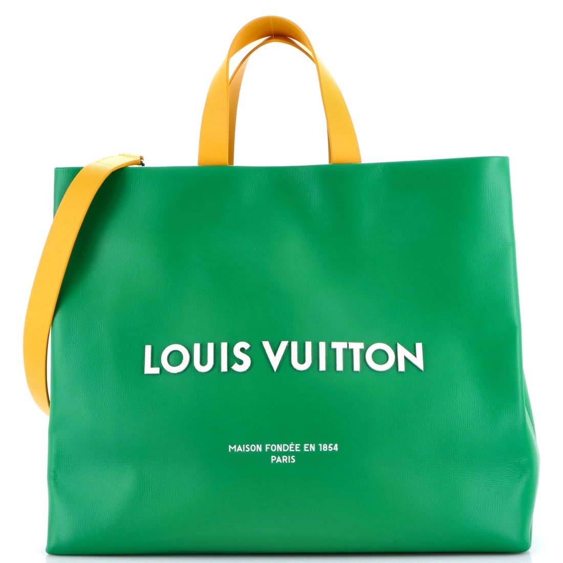 Louis Vuitton Shopper Tote Leather: Carried right, the Shopper reads as the house's working signature: the open shopper silhouette finished in the line's signature material. The 13 by 16 by 6 inch format reads as generous rather than