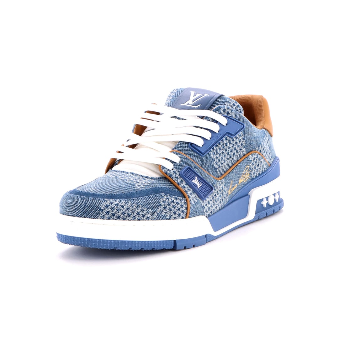 Louis Vuitton Men's LV Trainer Sneakers 3D Damier Giant Denim: At full read, the Sneakers is exactly what the line has always promised: the shoe silhouette, drawn to the working hardware and material vocabulary the Louis Vuitton Sneakers line has stood for