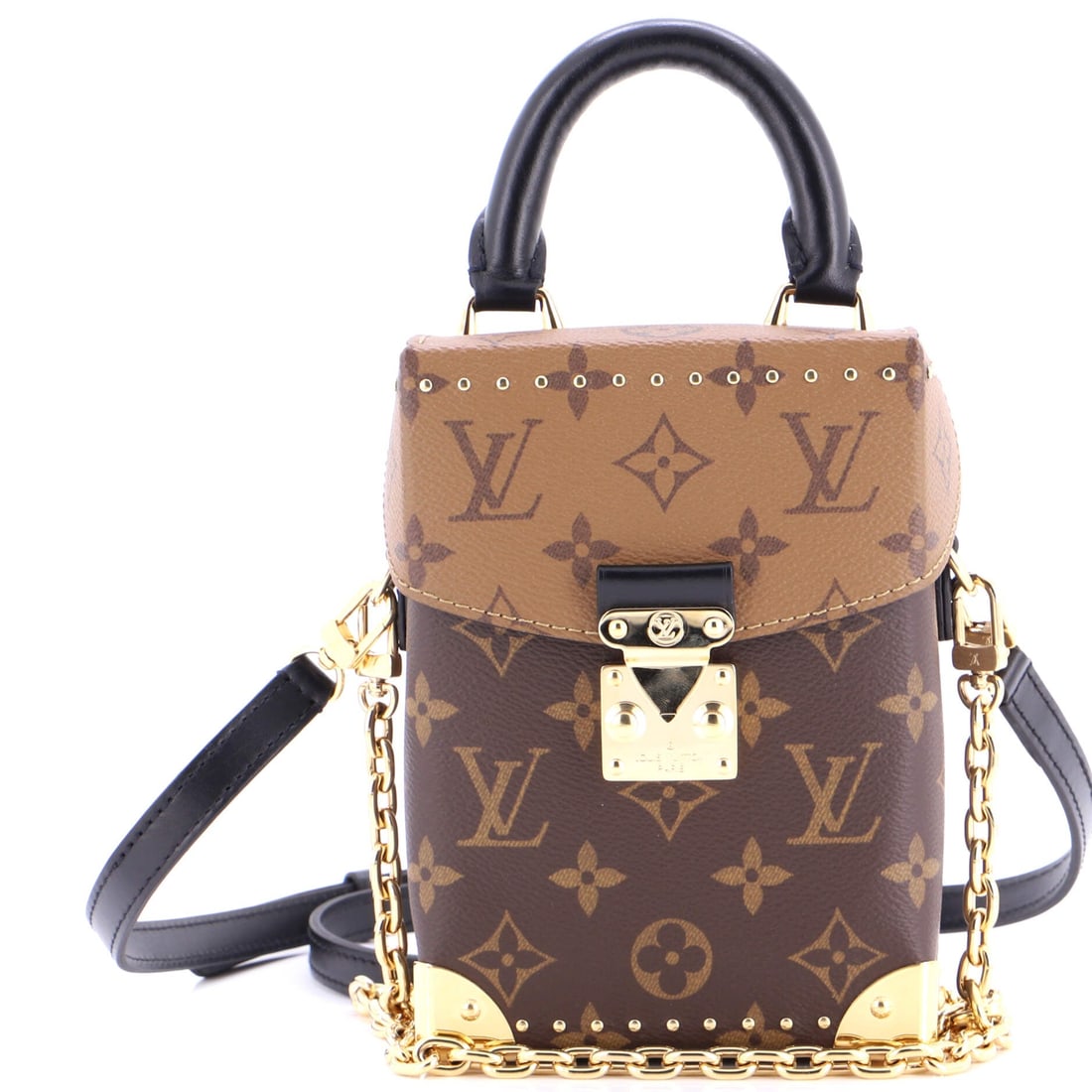 Louis Vuitton Camera Box NM Handbag Studded Reverse Monogram Canvas: Louis Vuitton's Camera Box arrives in the architecture that made the line known: the boxy mini-trunk silhouette reading as both camera bag and dinner clutch depending on how it is carried. It is rende