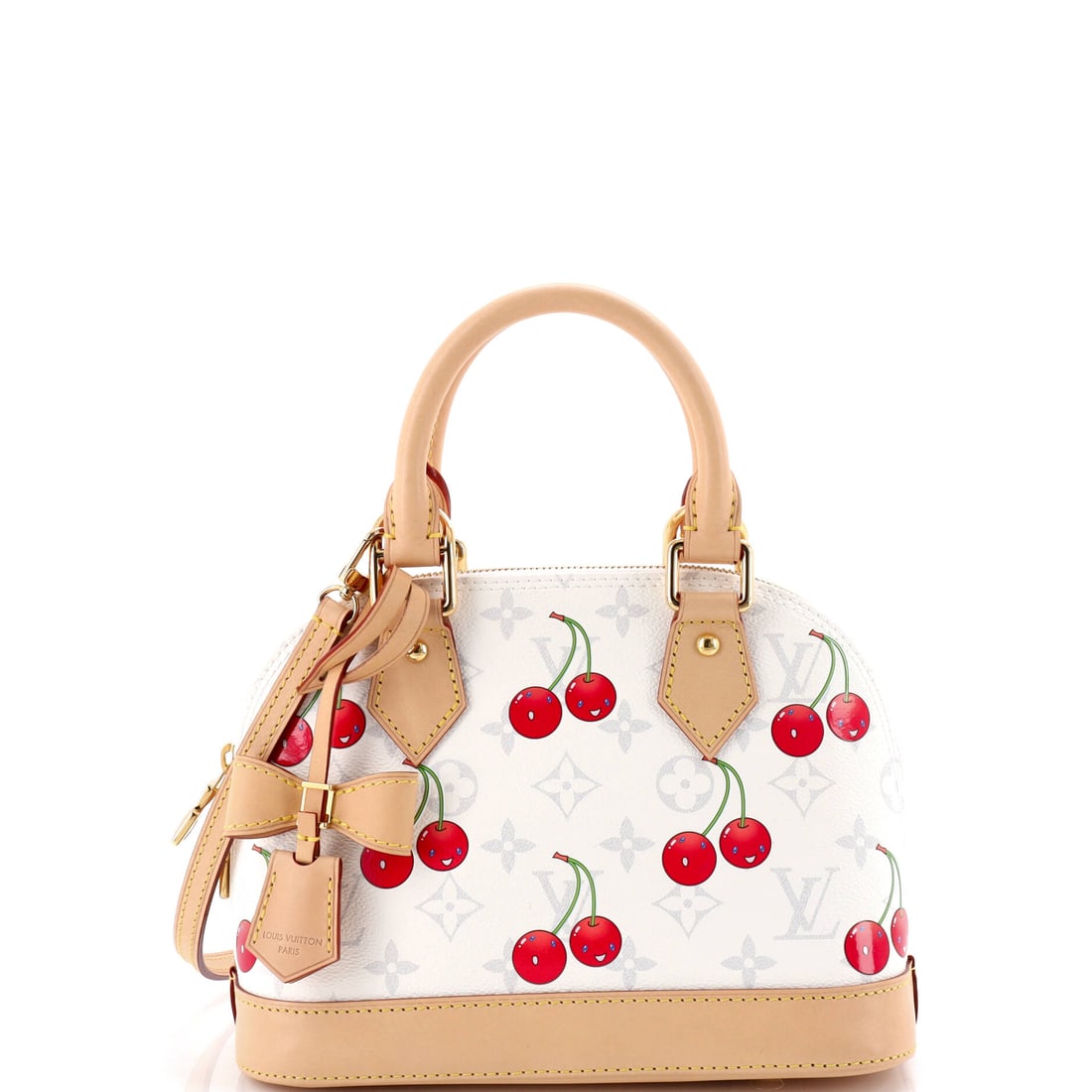 Louis Vuitton x Takashi Murakami Alma Handbag Limited Edition Monogram Cerises: Carried right, the Alma reads as the house's working signature: the structured, dome-topped silhouette Gaston-Louis Vuitton drew up for Coco Chanel in 1934. It is rendered in Monogram canvas - the pri