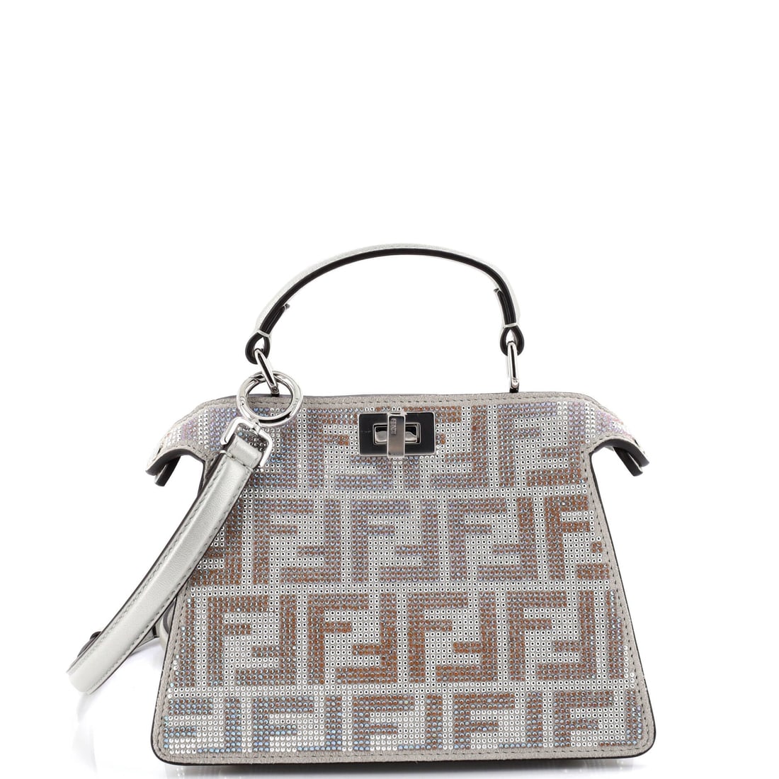 Fendi Peekaboo ISeeU Bag Zucca Crystal Embellished Suede: Properly seen, this Peekaboo carries the architecture the line has always relied on: the structured top-handle silhouette with the dual-compartment, flip-open architecture that named it. The finish is