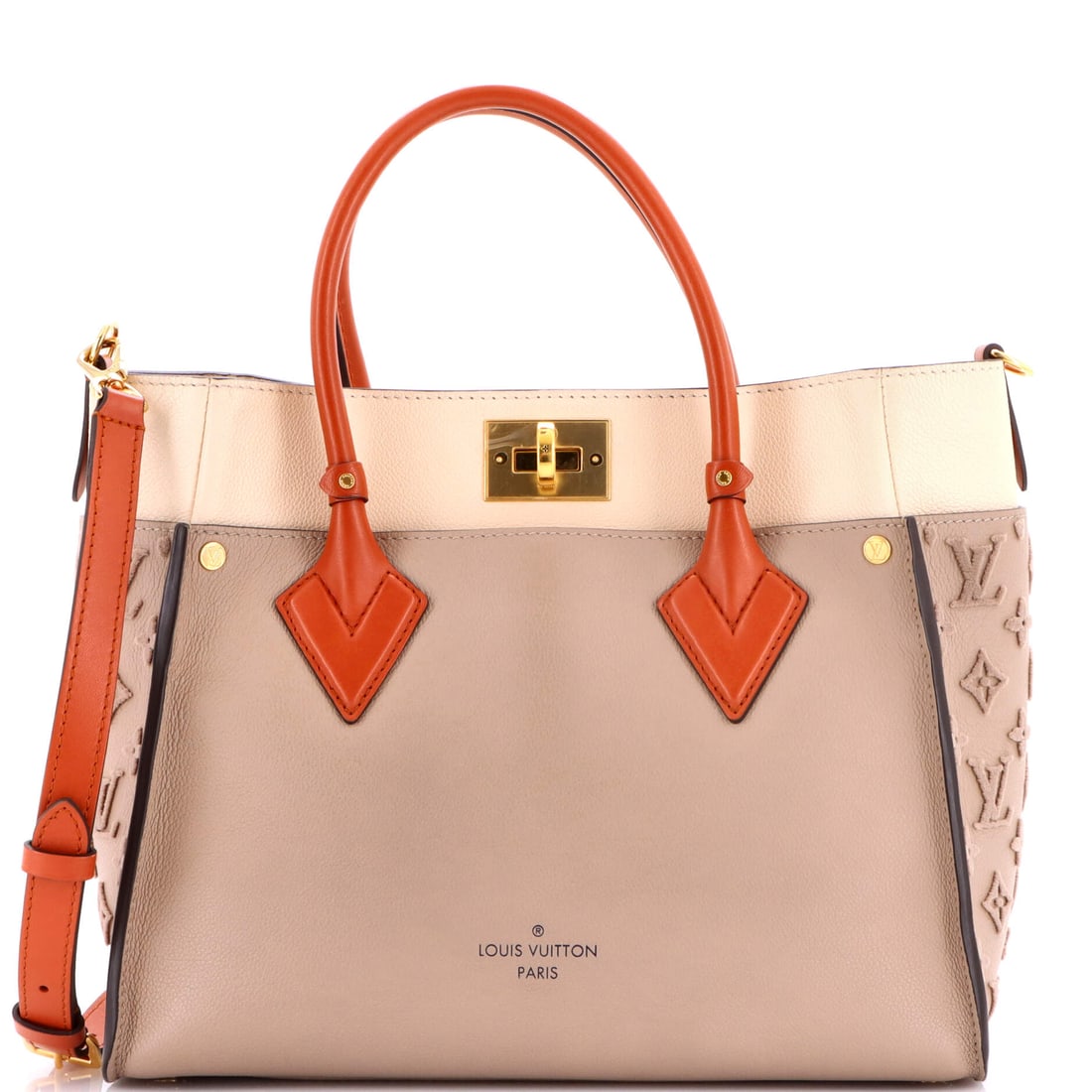Louis Vuitton On My Side Tote Monogram Tuffetage Leather: The On My Side arrives here in the form the line is known for: the slouchy tote silhouette finished in Tuffetage leather, sized for the everyday carry of the contemporary wardrobe. It is finished in M