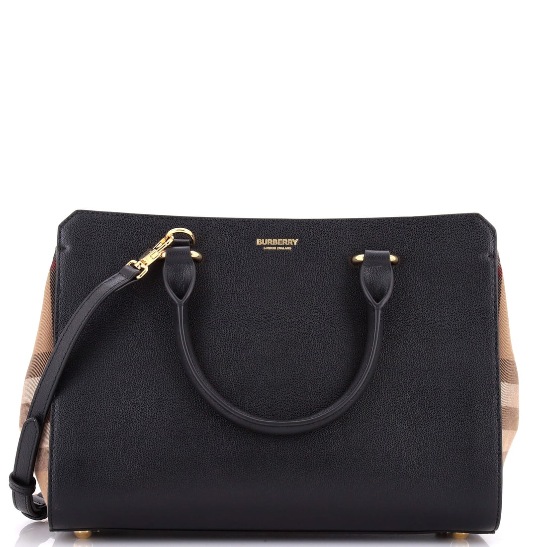 Burberry Banwell Tote Leather and House Check Canvas: At full read, the Tote is exactly what the line has always promised: the open-tote architecture finished in the line's signature material. It is rendered in House Check - Burberry's tan, black, white 