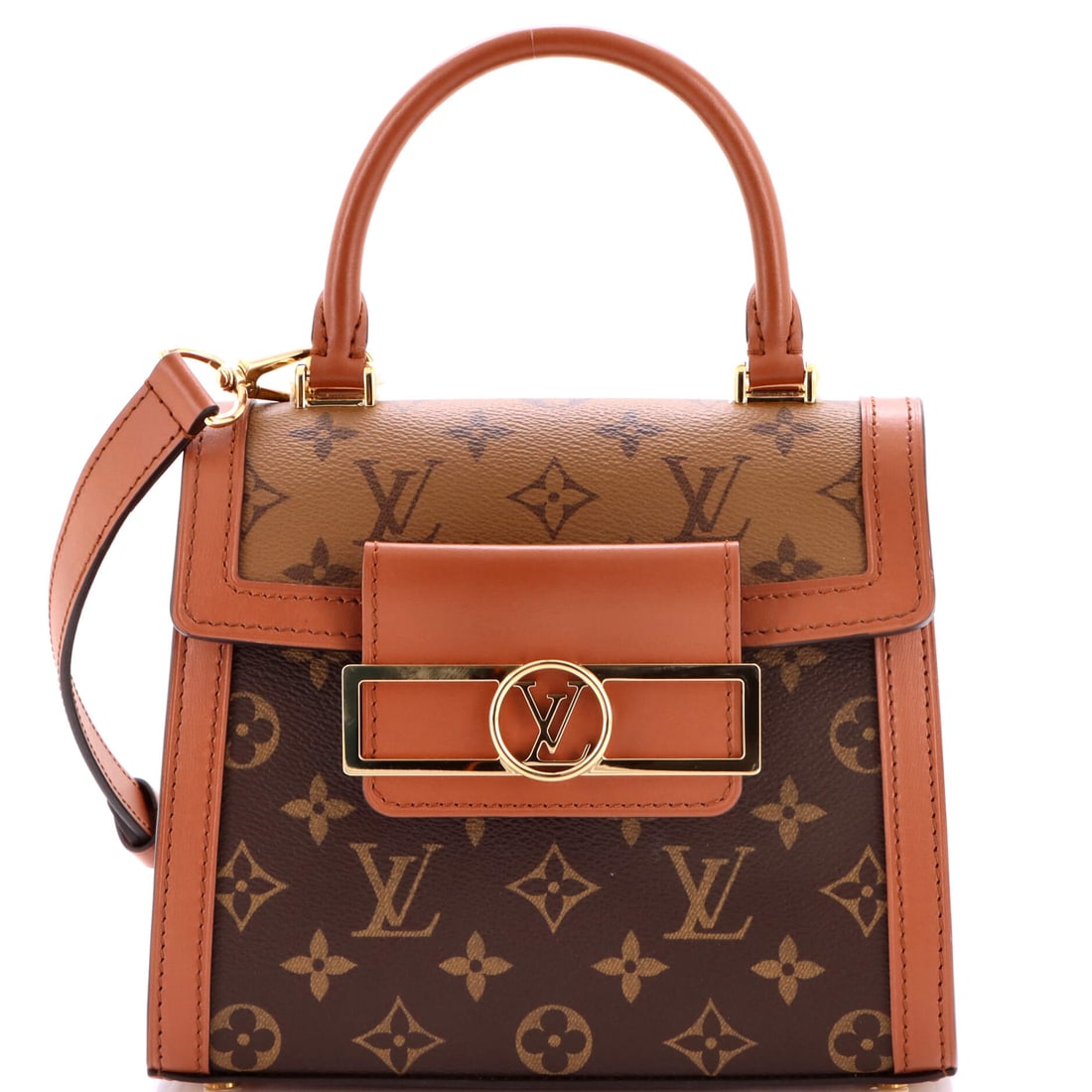 Louis Vuitton Dauphine Capitale Bag Reverse Monogram Canvas: This is the Dauphine as the line is meant to read - the archive-flap silhouette Nicolas Ghesquiere pulled out of the Vuitton archives in 2019, with the dual-monogram, S-lock front closure, in the prop