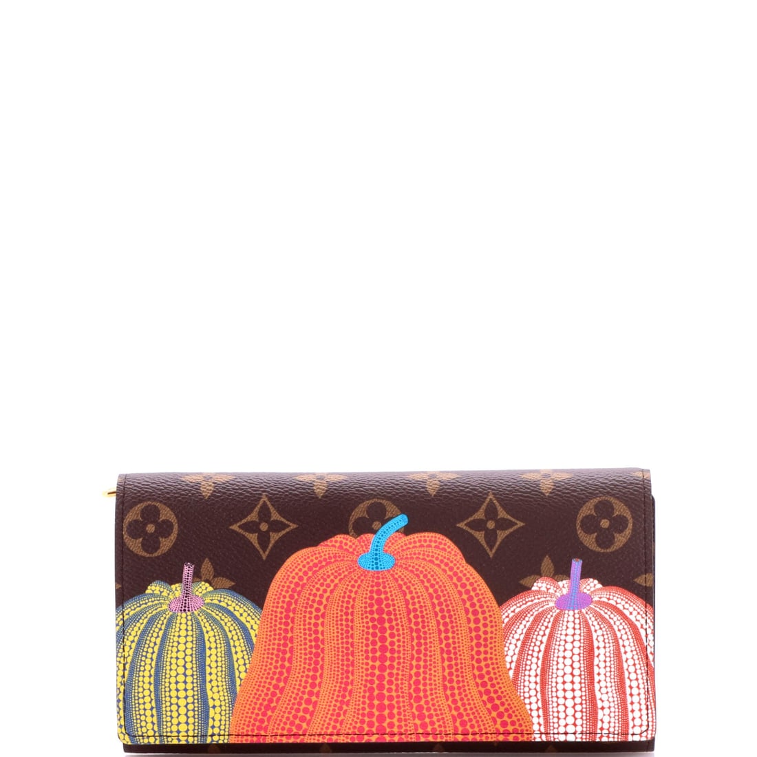Louis Vuitton Sarah Wallet Yayoi Kusama Pumpkins Monogram Canvas: Examined closely, the Wallet resolves around a single design idea: the slim, zip-around wallet architecture sized to slip into a clutch or a coat pocket without making itself known. Worked in Monogram