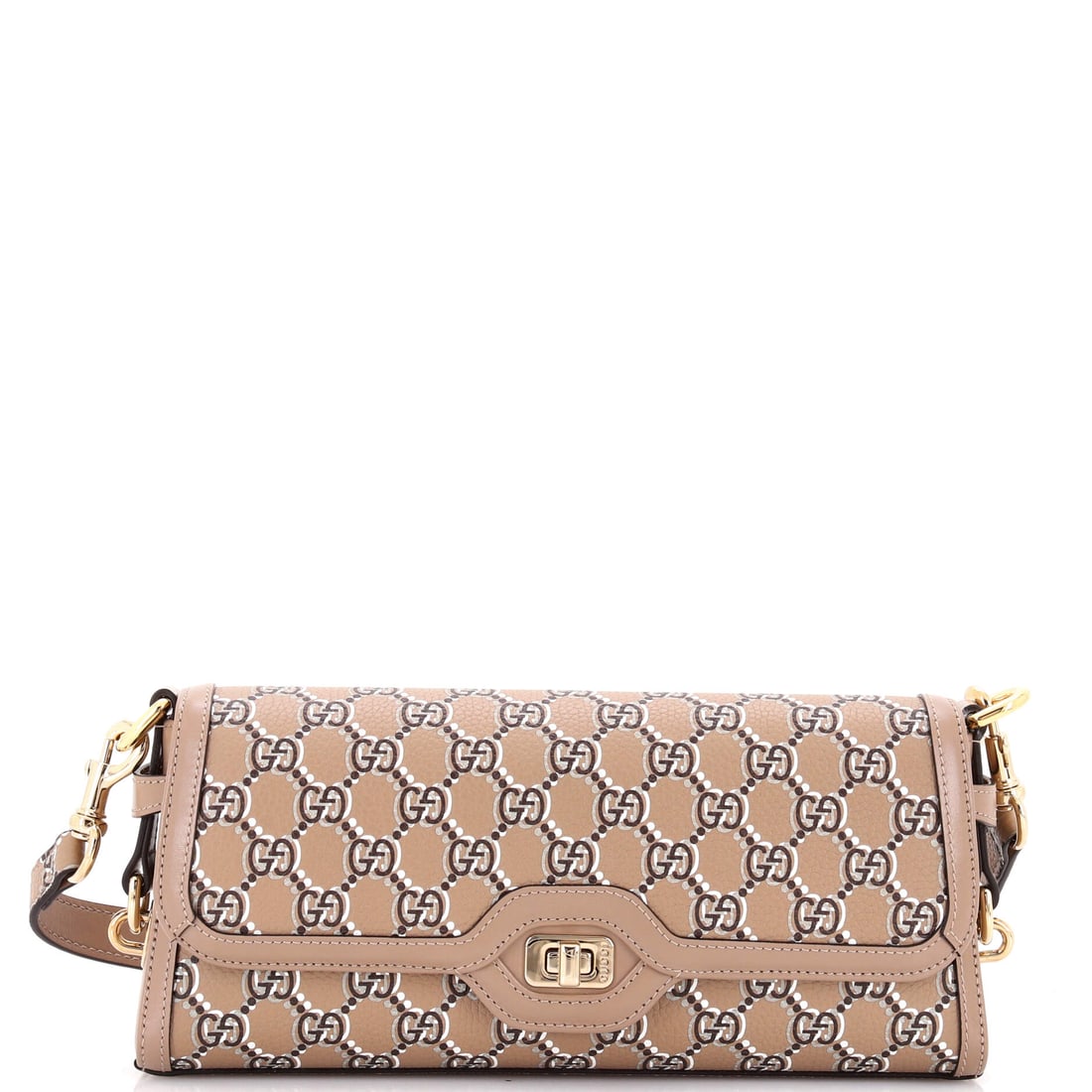 Gucci Luce Shoulder Bag Optical GG Printed Leather: There is a reason the Luce keeps returning to the conversation, and this Gucci example is part of it: the slim shoulder silhouette named for the Italian word for light. At 5 by 11 by 2.5 inch, the sil