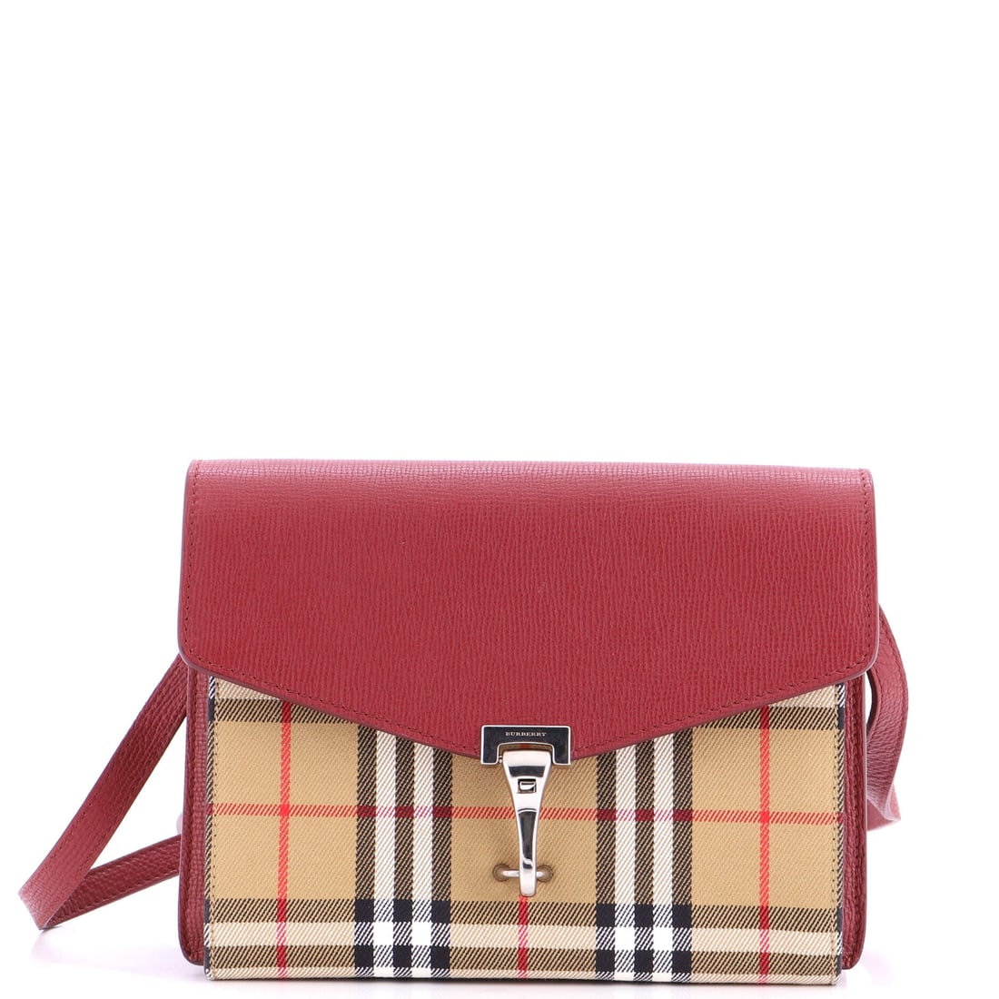 Burberry Macken Crossbody Bag Leather and Vintage Check Canvas: Set against its lineage, this Burberry Macken reads as a measured example of the line, built around the slim crossbody silhouette finished in the house's mixed leather-and-check vocabulary. Built from