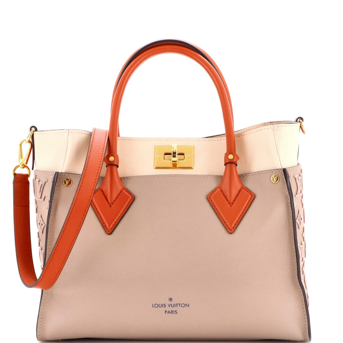 Louis Vuitton On My Side Tote Monogram Tuffetage Leather: At full read, the On My Side is exactly what the line has always promised: the slouchy tote silhouette finished in Tuffetage leather, sized for the everyday carry of the contemporary wardrobe. Built