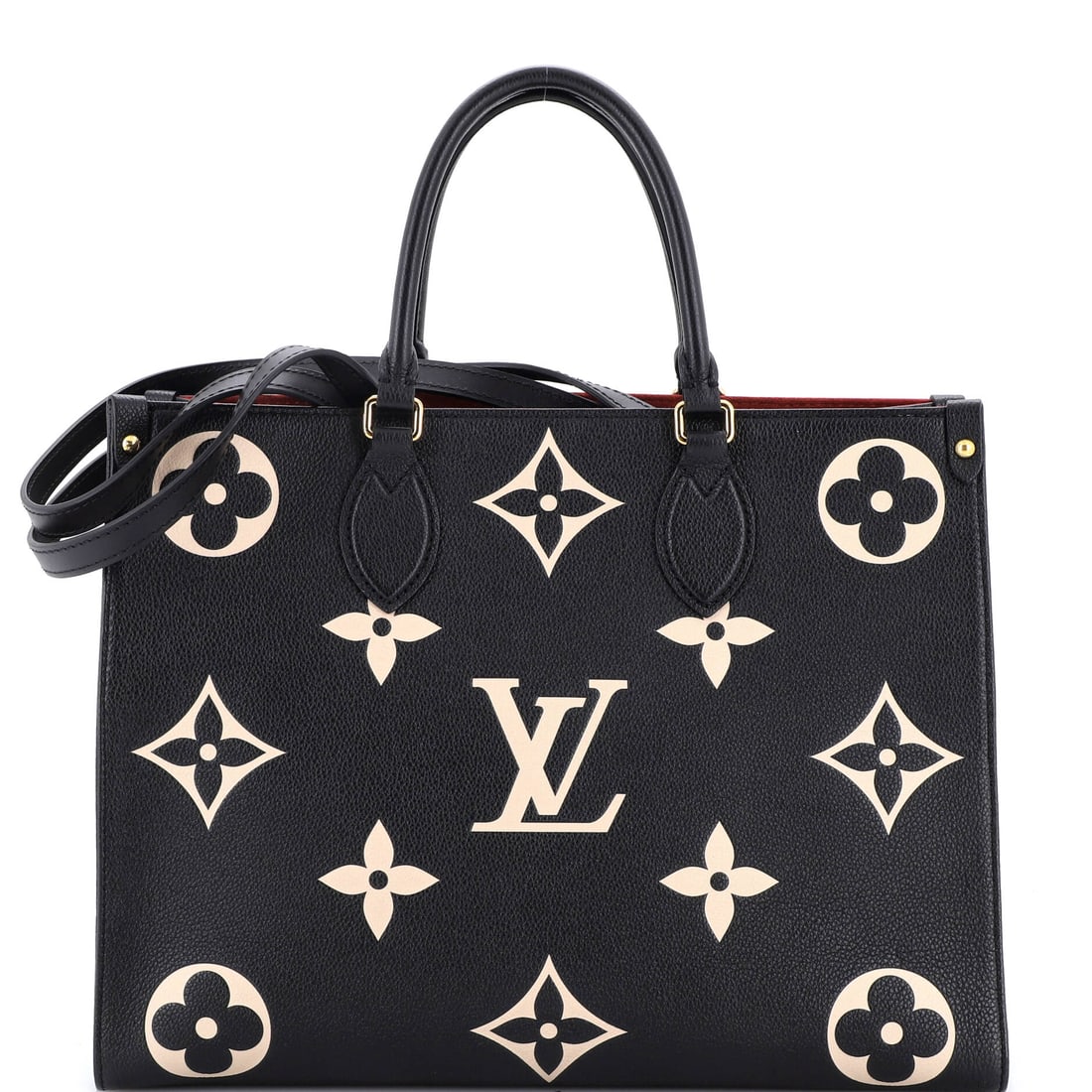 Louis Vuitton OnTheGo Tote Bicolor Monogram Empreinte Giant: Pieces like this Louis Vuitton OnTheGo are why the line is considered a baseline: the open-tote architecture with twin handles top and shoulder, sized to carry a laptop and a paperback in the same com