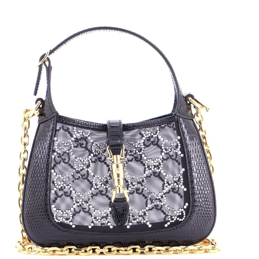 Gucci Jackie 1961 Chain Hobo Crystal GG Embellished Mesh with Lizard: Properly seen, this Jackie carries the architecture the line has always relied on: the hobo silhouette with the piston-clasp closure that Jackie Onassis carried often enough to be renamed in her