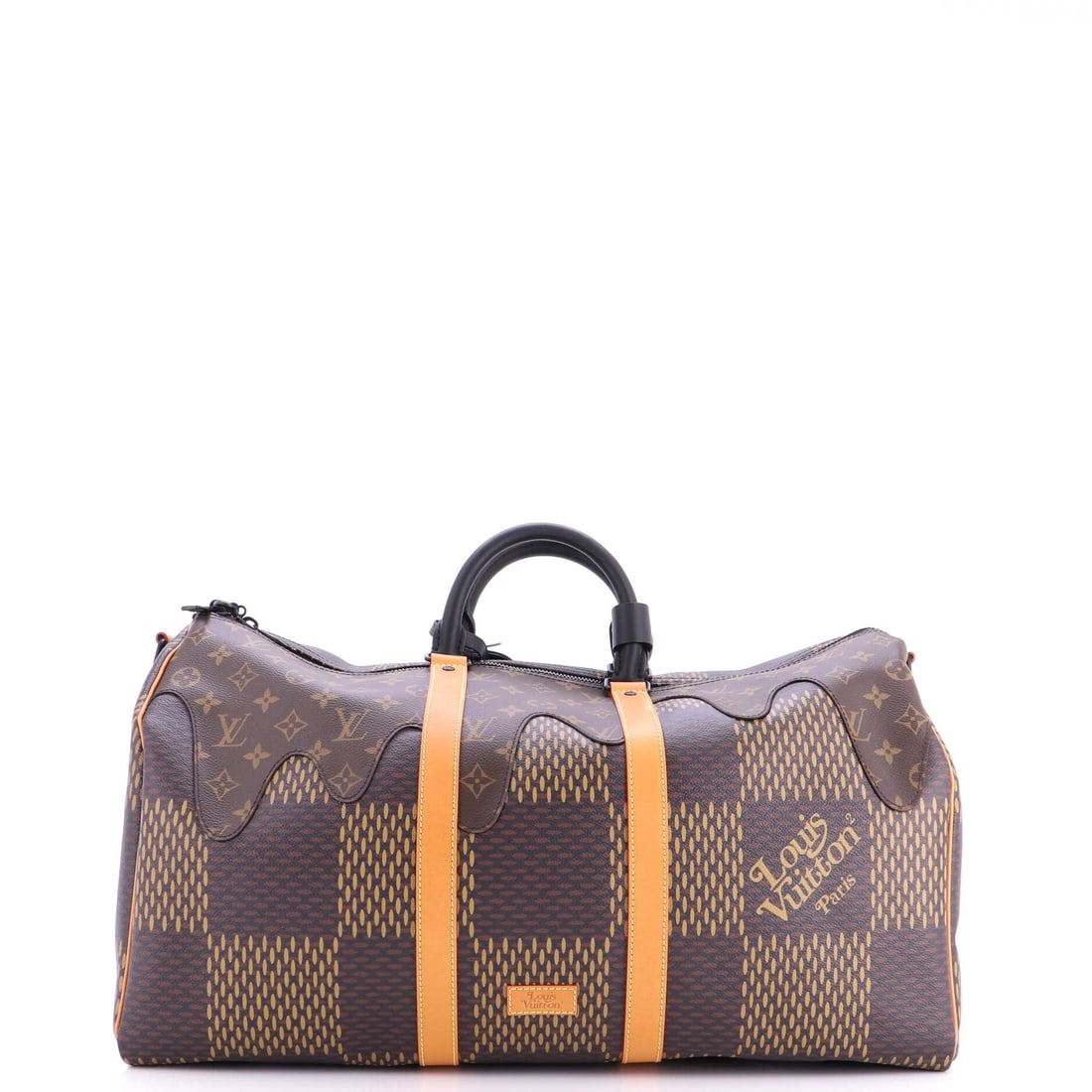 Louis Vuitton Nigo Keepall Bandouliere Bag Limited Edition Giant Damier and Monogram Canvas: What anchors this Louis Vuitton Keepall is precisely what anchors the line: the soft-sided weekender shape Marc Newson's predecessors at Vuitton standardised in the 1930s as the original carry-on. It