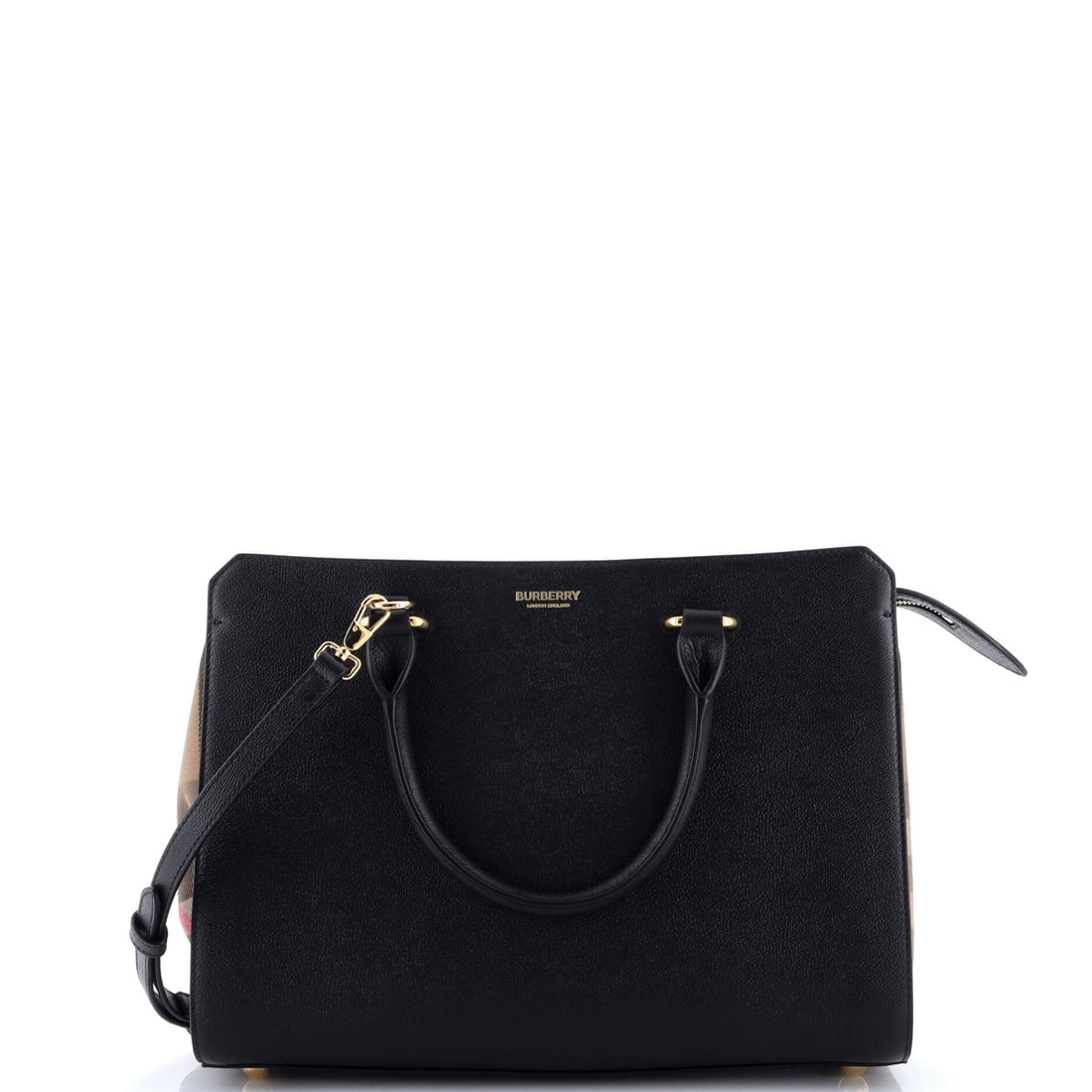 Burberry Banwell Tote Leather and House Check Canvas: Set against its lineage, this Burberry Tote reads as a measured example of the line, built around the open-tote architecture finished in the line's signature material. It is finished in House Check - 
