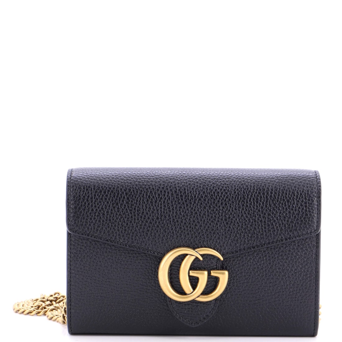Gucci GG Marmont Chain Wallet Leather: Look closely at the Marmont and the architecture explains itself - the quilted-leather flap silhouette finished with the antique-finish double-G clasp that names it. The 5 by 8 by 2 inch format reads 