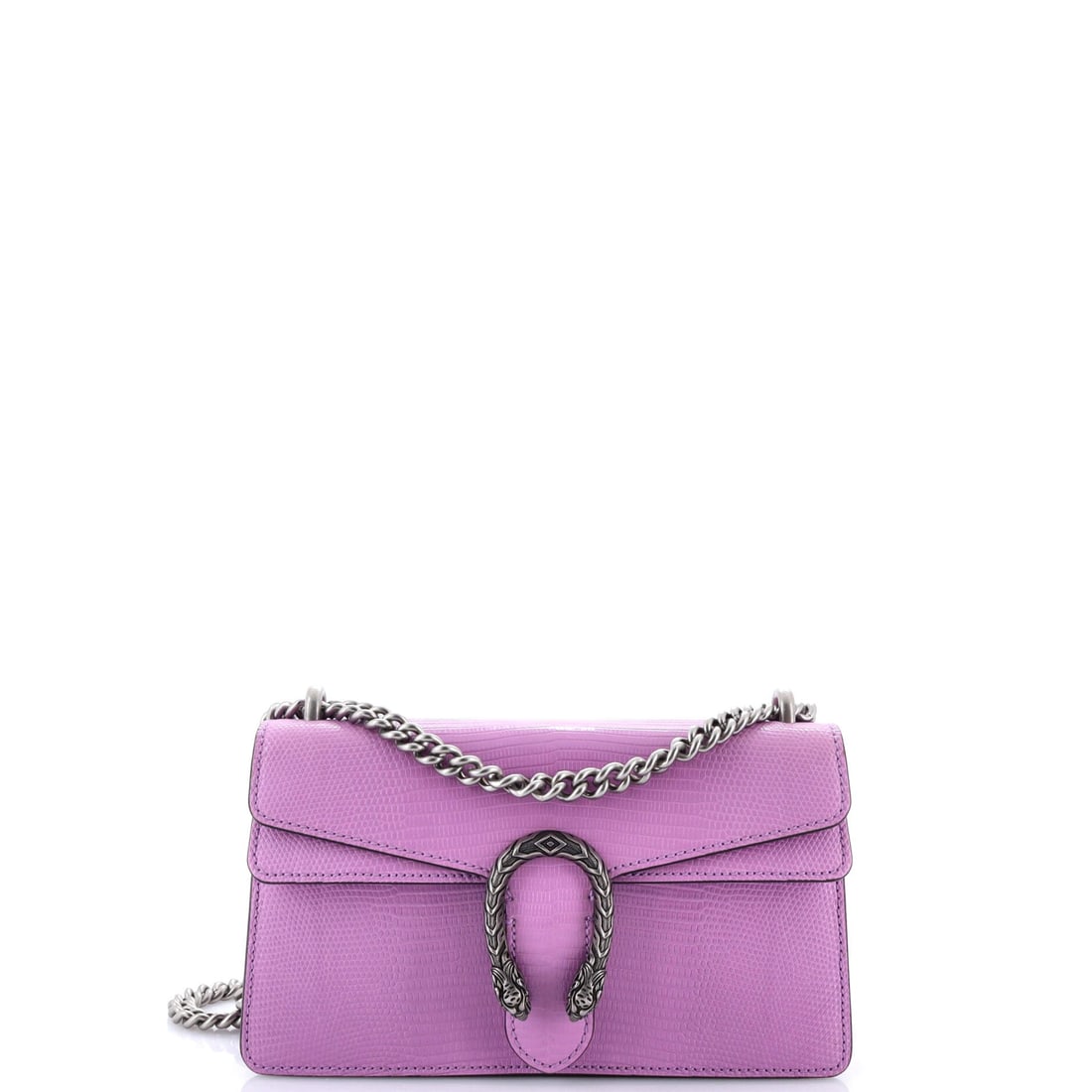 Gucci Dionysus Bag Lizard: Open the Dionysus once and the line announces itself: the flap silhouette closed by the tiger-head clasp Alessandro Michele drew from the myth of Dionysus. Its 5.5 by 10 by 3 inch footprint gives it a