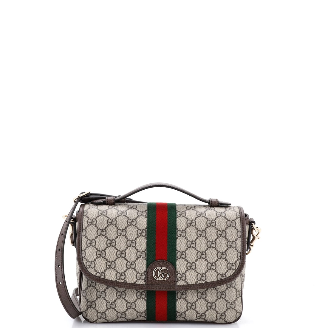 Gucci Ophidia Flap Top Handle Messenger Bag GG Canvas: Gucci's Ophidia arrives in the architecture that made the line known: the boxy silhouette finished with the green-red-green Web stripe Aldo Gucci first stitched onto saddlery in the 1950s. It carries 