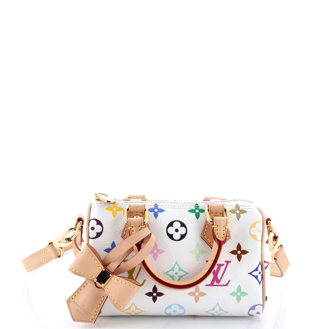 Louis Vuitton x Takashi Murakami Speedy Bandouliere NM Bag Monogram Multicolor: Louis Vuitton's Speedy arrives in the architecture that made the line known: the rolled top handles, the curved silhouette and the front-and-back symmetry that have made it the most copied bag in hand