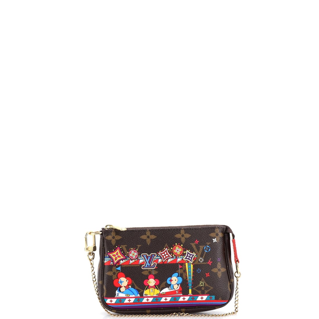 Louis Vuitton Pochette Accessoires Limited Edition Vivienne Xmas Monogram Canvas: Louis Vuitton's Pochette arrives in the architecture that made the line known: the slim, flat clutch profile sized to read as deliberate rather than decorative. Built from Monogram canvas - the printe