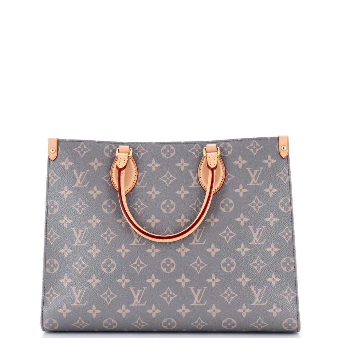 Louis Vuitton OnTheGo Tote Trianon Grey Monogram Canvas: Carried right, the OnTheGo reads as the house's working signature: the open-tote architecture with twin handles top and shoulder, sized to carry a laptop and a paperback in the same compartment. It ca