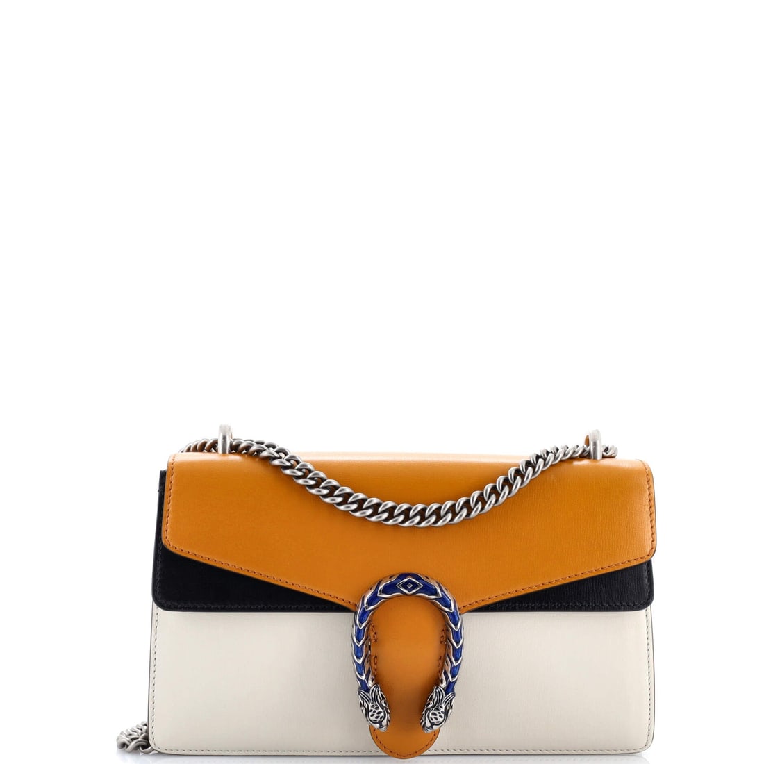 Gucci Dionysus Bag Leather: Carried right, the Dionysus reads as the house's working signature: the flap silhouette closed by the tiger-head clasp Alessandro Michele drew from the myth of Dionysus. The 6.5 by 11 by 3.5 inch form