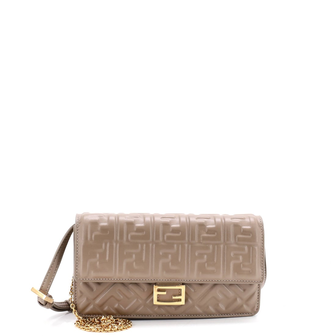 Fendi Baguette Wallet on Chain Zucca Embossed Leather: Among Fendi's working silhouettes, the Wallet on Chain is the one collectors return to first - the chain-strap reading of the line's flap wallet, sized to read more crossbody than SLG. It carries