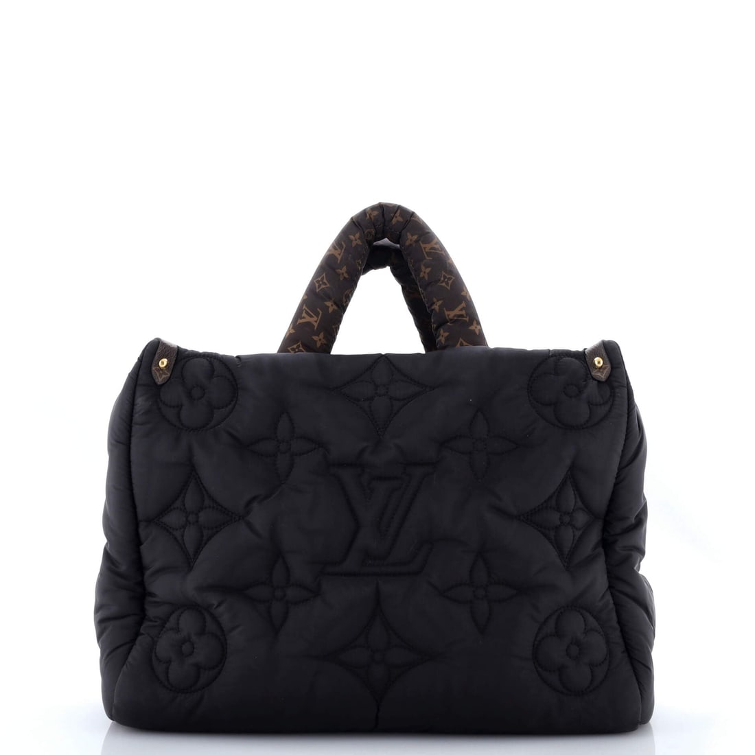 Louis Vuitton Pillow OnTheGo Tote Monogram Quilted Econyl Nylon: Properly seen, this OnTheGo carries the architecture the line has always relied on: the open-tote architecture with twin handles top and shoulder, sized to carry a laptop and a paperback in the same c