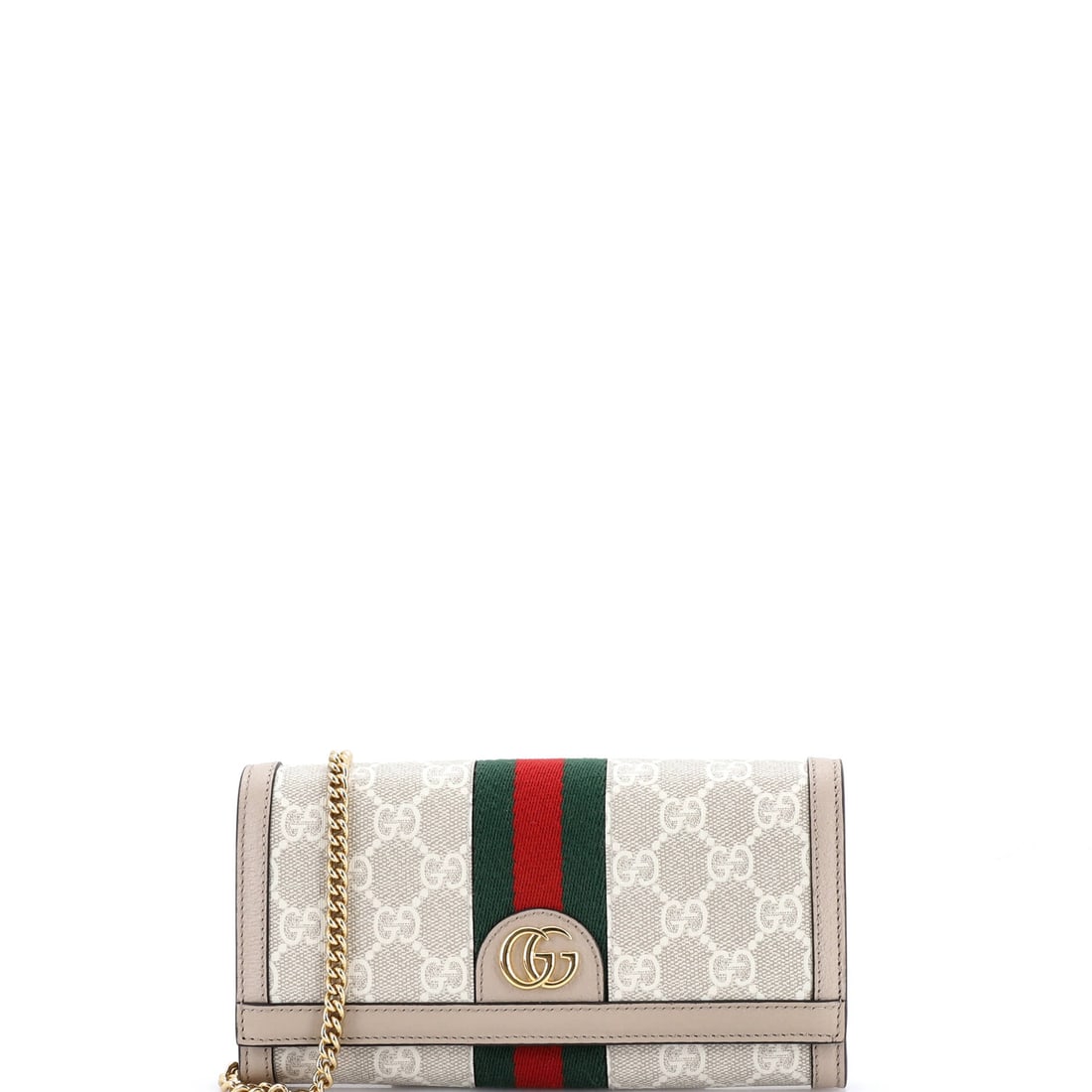 Gucci Ophidia Wallet on Chain GG Coated Canvas with Leather: Examined closely, the Wallet on Chain resolves around a single design idea: the chain-strap reading of the line's flap wallet, sized to read more crossbody than SLG. It carries GG canvas - the coated 