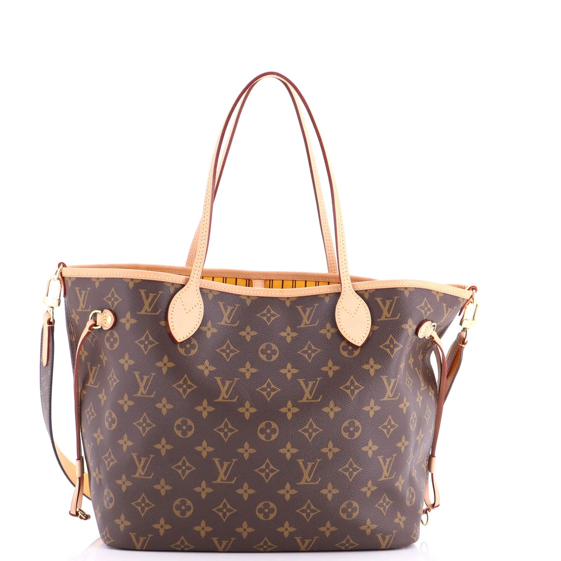 Louis Vuitton Neverfull Bandouliere Inside Out Monogram Canvas and Textile: Carried right, the Neverfull reads as the house's working signature: the flat shoulder straps, the cinched side ties and the open-tote architecture that gave the line its name. It is rendered in Monog