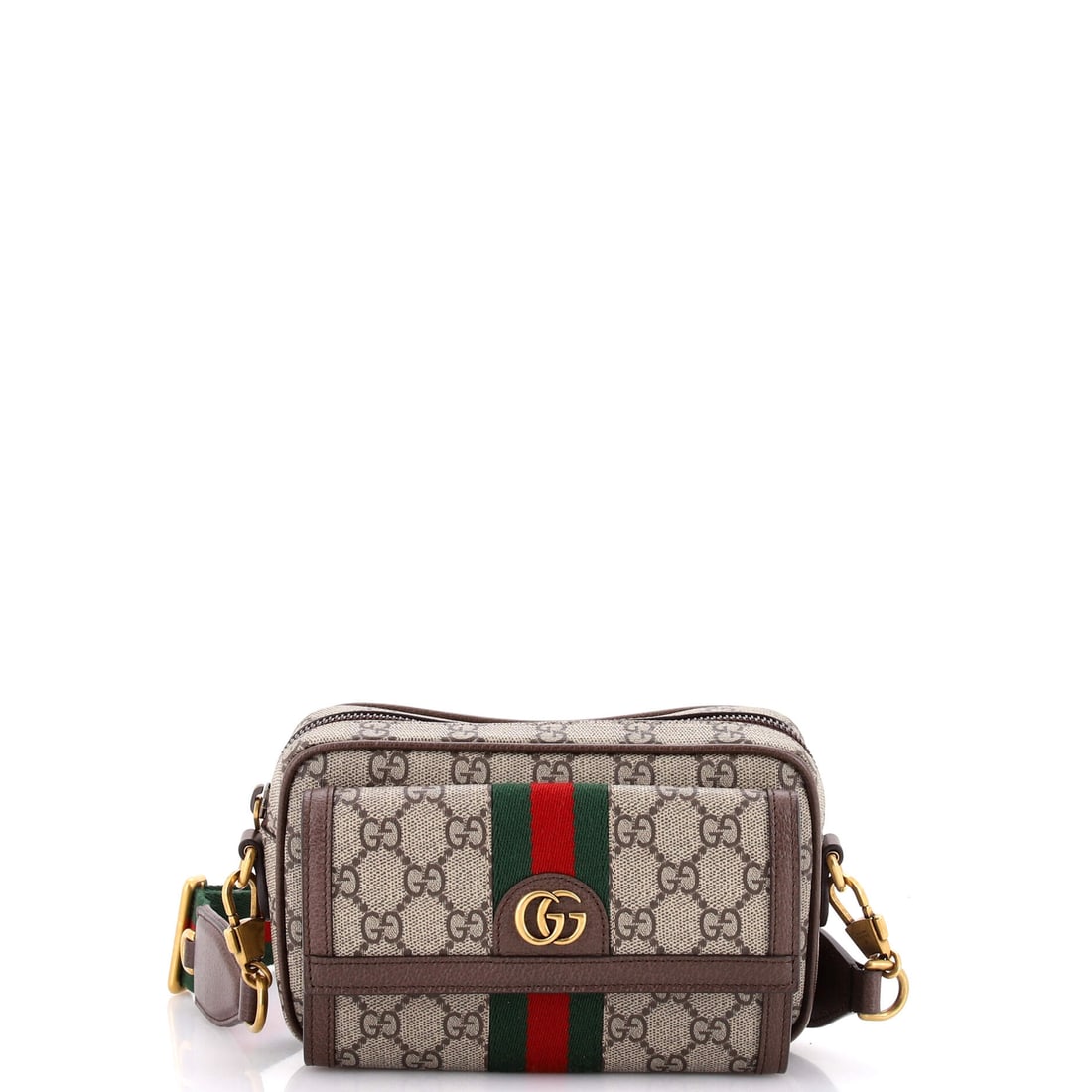 Gucci Ophidia Front Pocket Camera Bag GG Coated Canvas: Stand the Ophidia on a flat surface and the design logic shows itself - the boxy silhouette finished with the green-red-green Web stripe Aldo Gucci first stitched onto saddlery in the 1950s. The finis