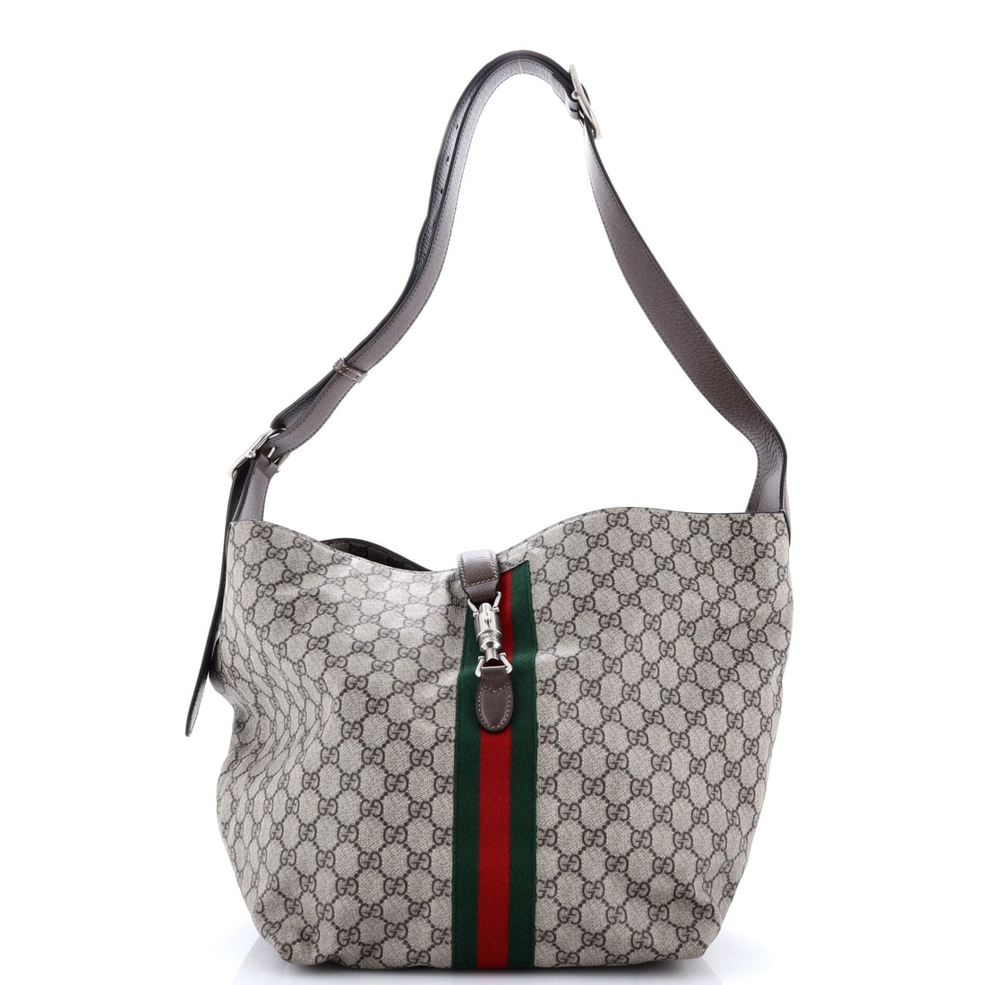 Gucci Jackie 1961 Soft Shoulder Bag GG Coated Canvas: Picked up once, the Jackie explains why the line has been kept in production this long: the hobo silhouette with the piston-clasp closure that Jackie Onassis carried often enough to be renamed in her 