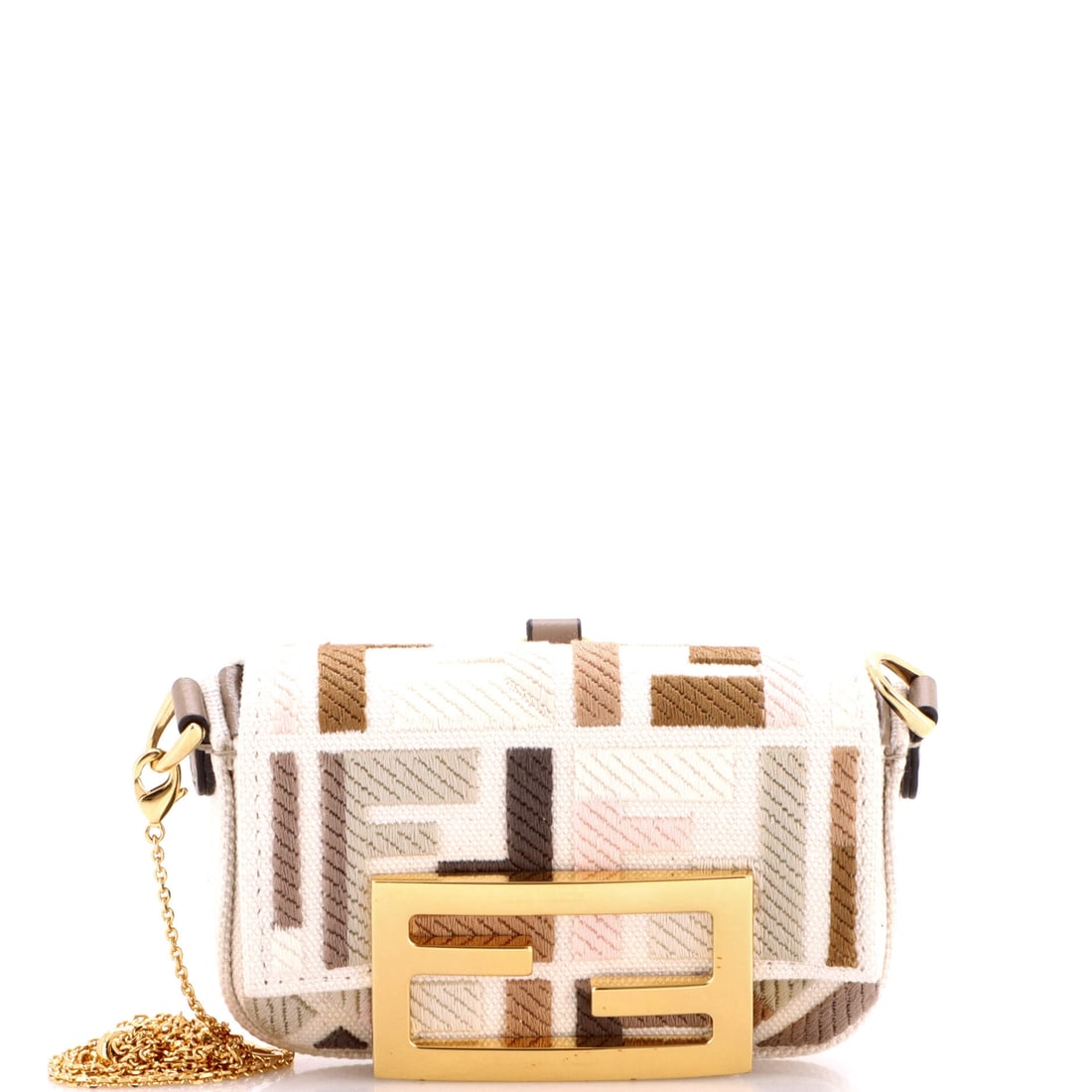 Fendi Chain Baguette Charm Bag Zucca Canvas: Carried right, the Baguette reads as the house's working signature: the slim under-arm silhouette Silvia Venturini Fendi designed in 1997 to read as elegantly as a French baguette tucked under an arm.