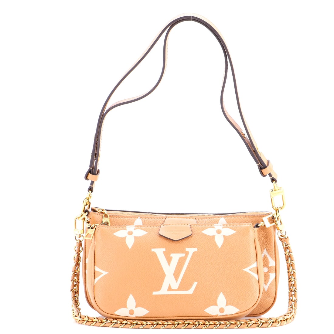 Louis Vuitton Multi Pochette Accessoires Bicolor Monogram Empreinte Giant: Look closely at the Pochette and the architecture explains itself - the slim, flat clutch profile sized to read as deliberate rather than decorative. It is rendered in Monogram Empreinte Giant - Vuitt