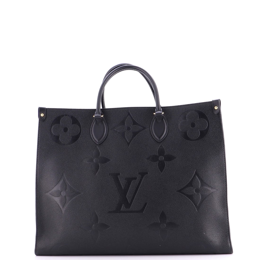 Louis Vuitton OnTheGo Tote Monogram Empreinte Giant: Read this OnTheGo against its lineage and the design choices line up exactly: the open-tote architecture with twin handles top and shoulder, sized to carry a laptop and a paperback in the same compart